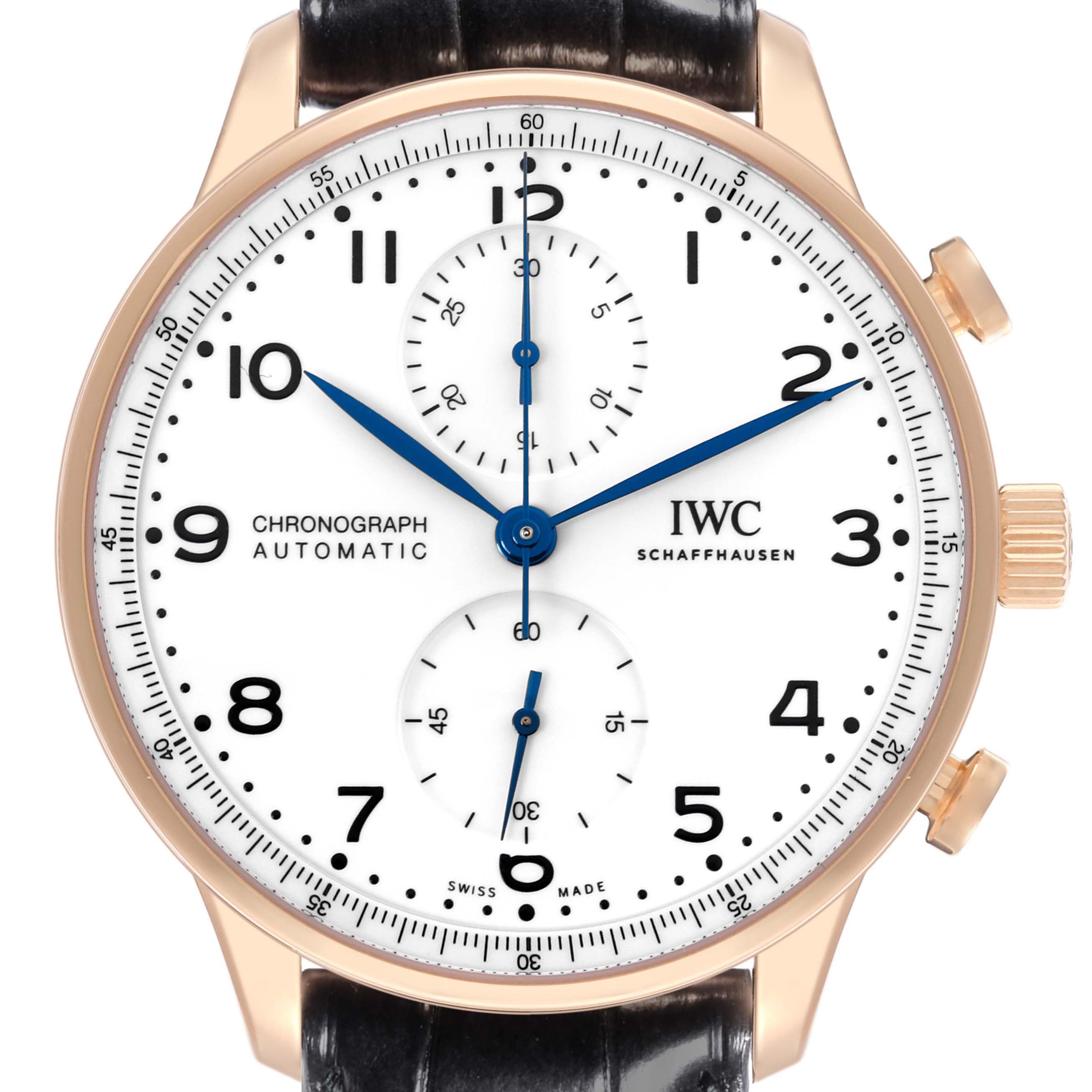 The IWC Portuguese IW371603 Men's Rose Gold White Dial IW371603 Men's Rose Gold White Dial watch is shown from a front angle, highlighting its dial, hands, subdials, crown, and leather strap.
