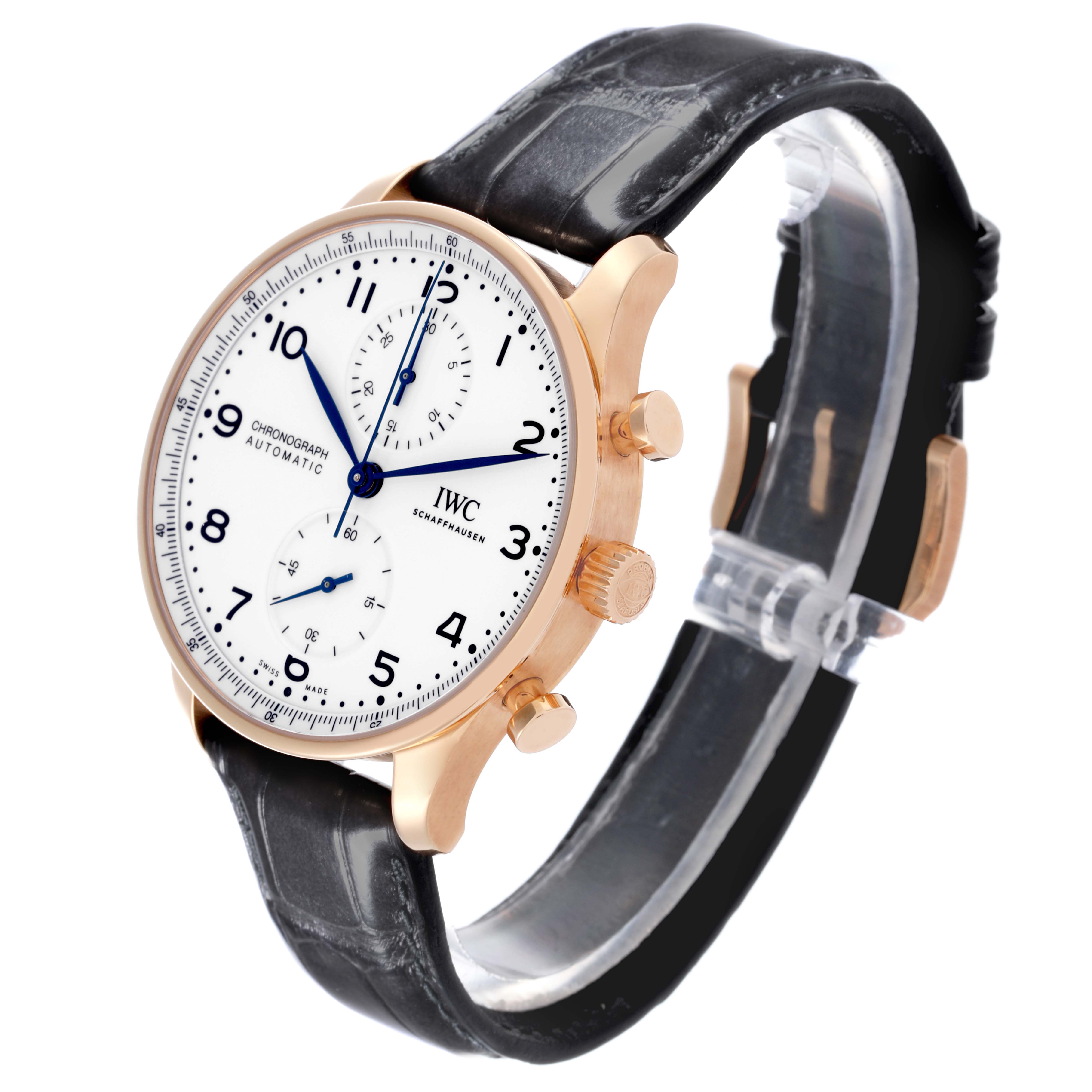The IWC Portuguese IW371603 Men's Rose Gold White Dial IW371603 Men's Rose Gold White Dial watch is shown at an angled side view, displaying the face, case, crown, and part of the strap.