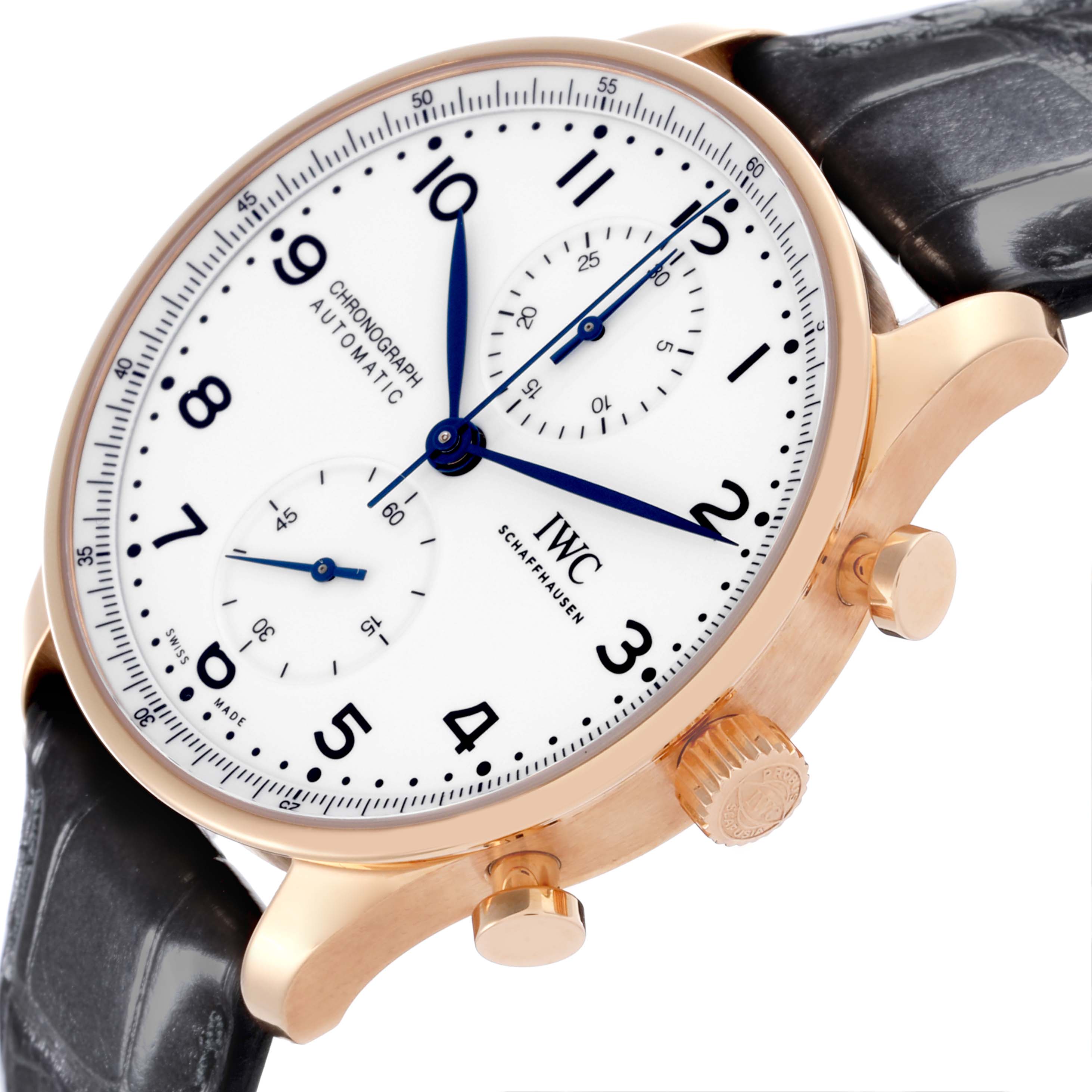 The IWC Portuguese IW371603 Men's Rose Gold White Dial IW371603 Men's Rose Gold White Dial watch is shown at an angled view displaying the dial, crown, pushers, and part of the strap.