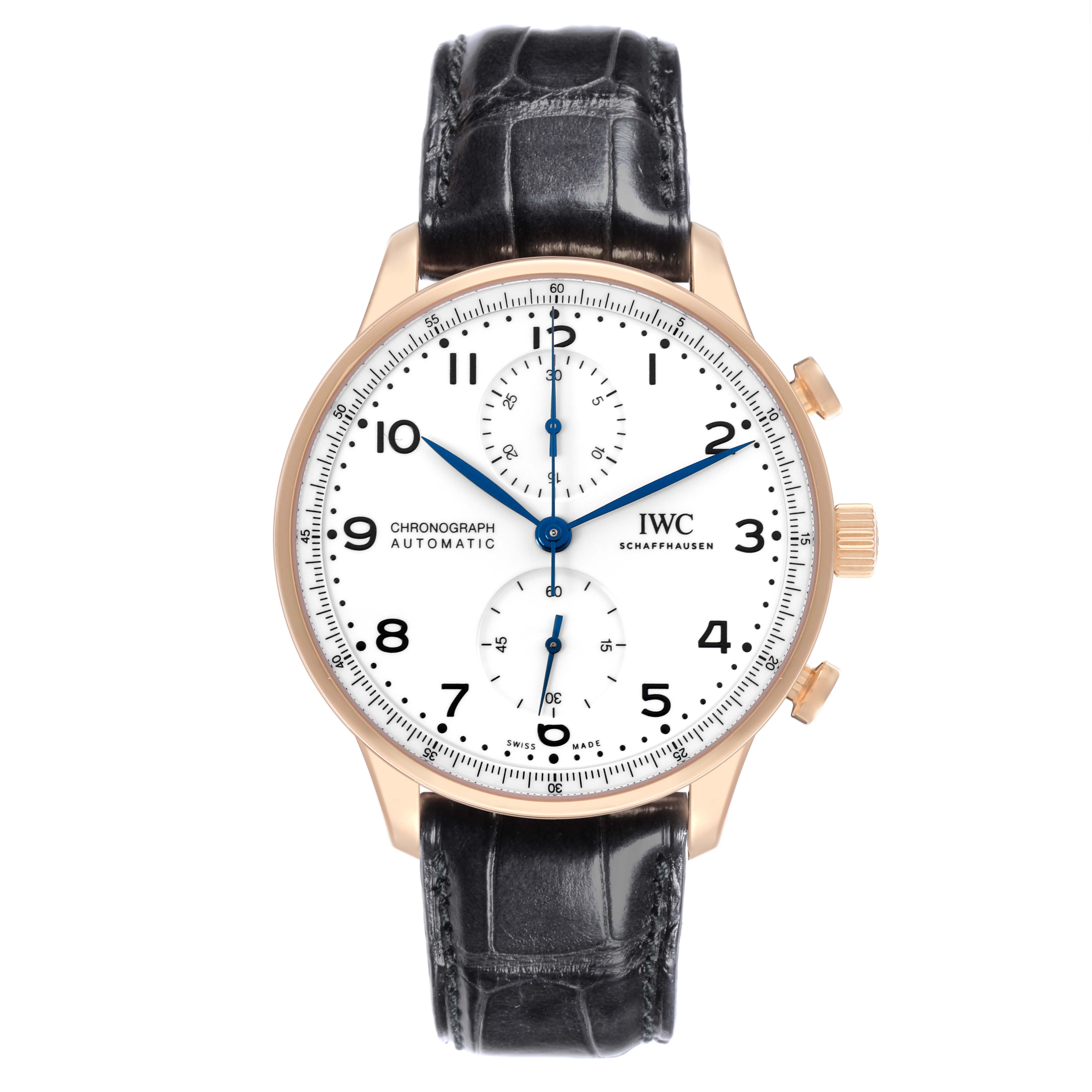 The image shows a front view of the IWC Portuguese IW371603 Men's Rose Gold White Dial IW371603 Men's Rose Gold White Dial model watch, highlighting the dial, crown, pushers, and leather strap.