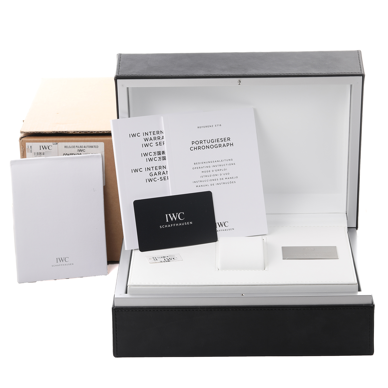 The image shows the packaging and documents for an IWC Portuguese IW371603 Men's Rose Gold White Dial IW371603 Men's Rose Gold White Dial watch, including manuals and a warranty card.