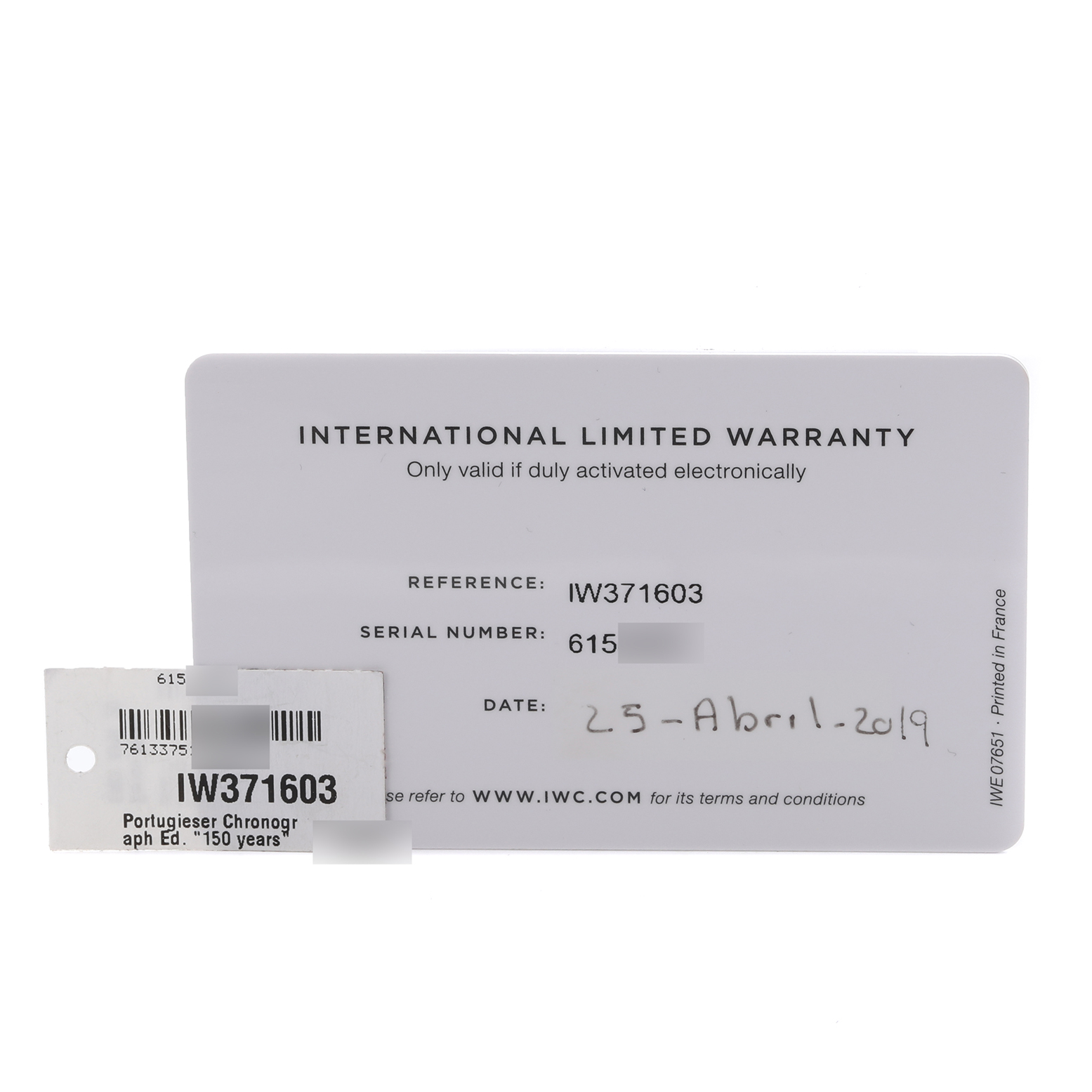 The image shows a warranty card and tag for an IWC Portuguese IW371603 Men's Rose Gold White Dial IW371603 Men's Rose Gold White Dial Chronograph model IW371603.