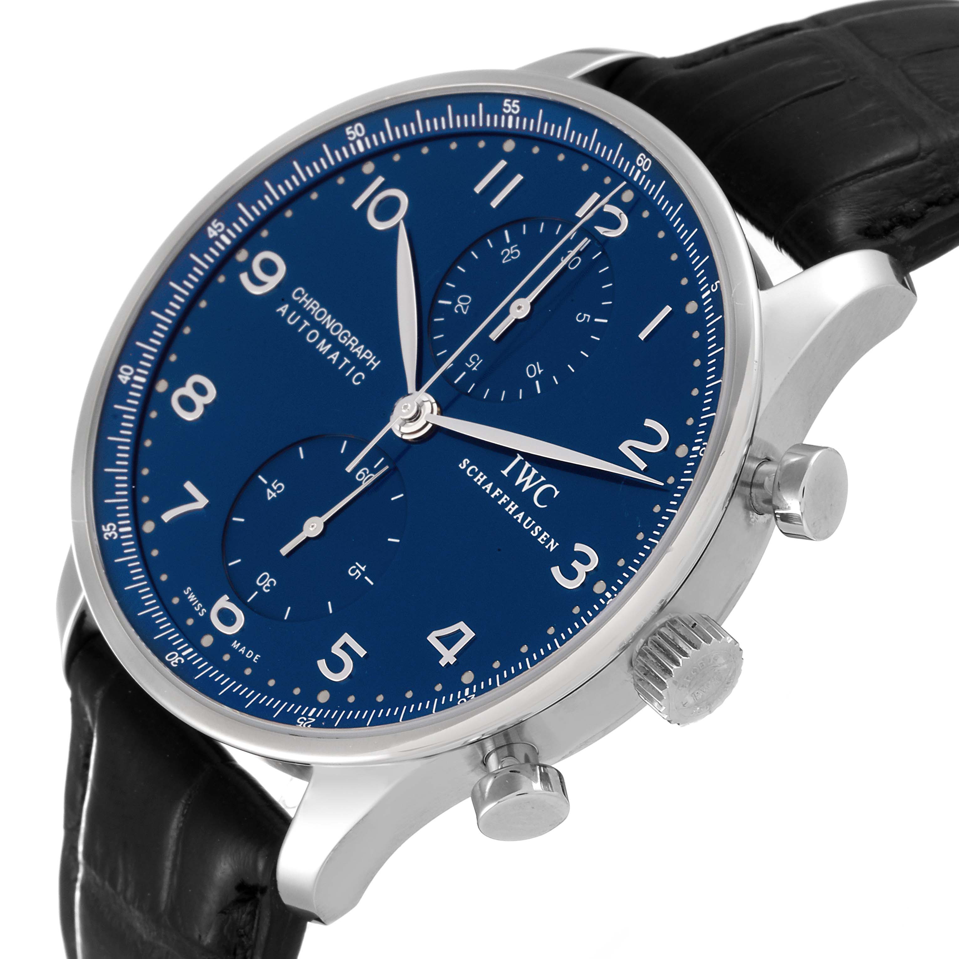 The IWC Portuguese IW371491 Men's Stainless Steel Blue Dial IW371491 Men's Stainless Steel Blue Dial model is shown at an angle displaying the watch face, crown, pushers, and part of the strap.