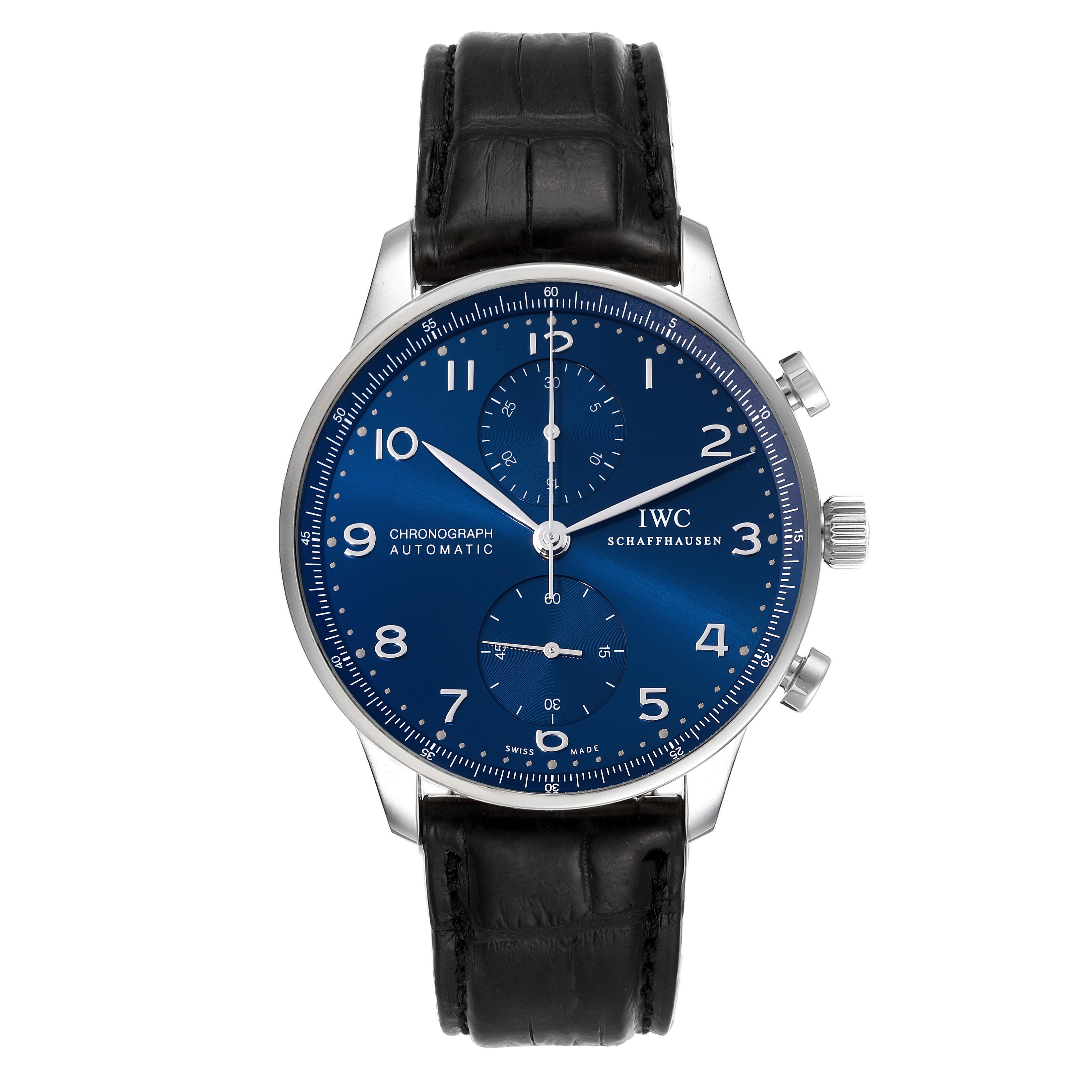 This is a full-frontal view of an IWC Portuguese IW371491 Men's Stainless Steel Blue Dial IW371491 Men's Stainless Steel Blue Dial Chronograph Automatic watch with a dark blue dial and black leather strap.