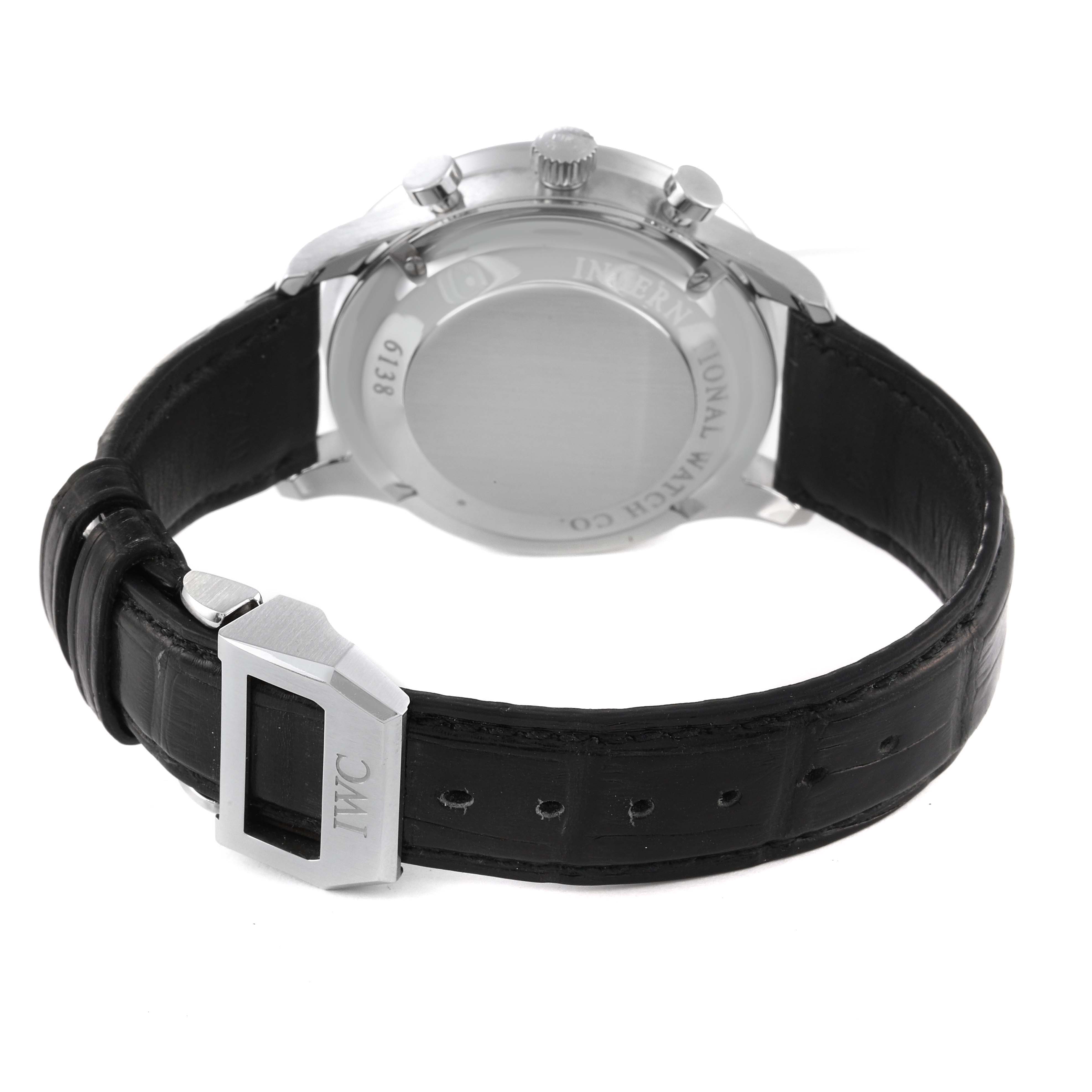 The image shows the back of an IWC Portuguese IW371491 Men's Stainless Steel Blue Dial IW371491 Men's Stainless Steel Blue Dial watch, including the leather strap and buckle.