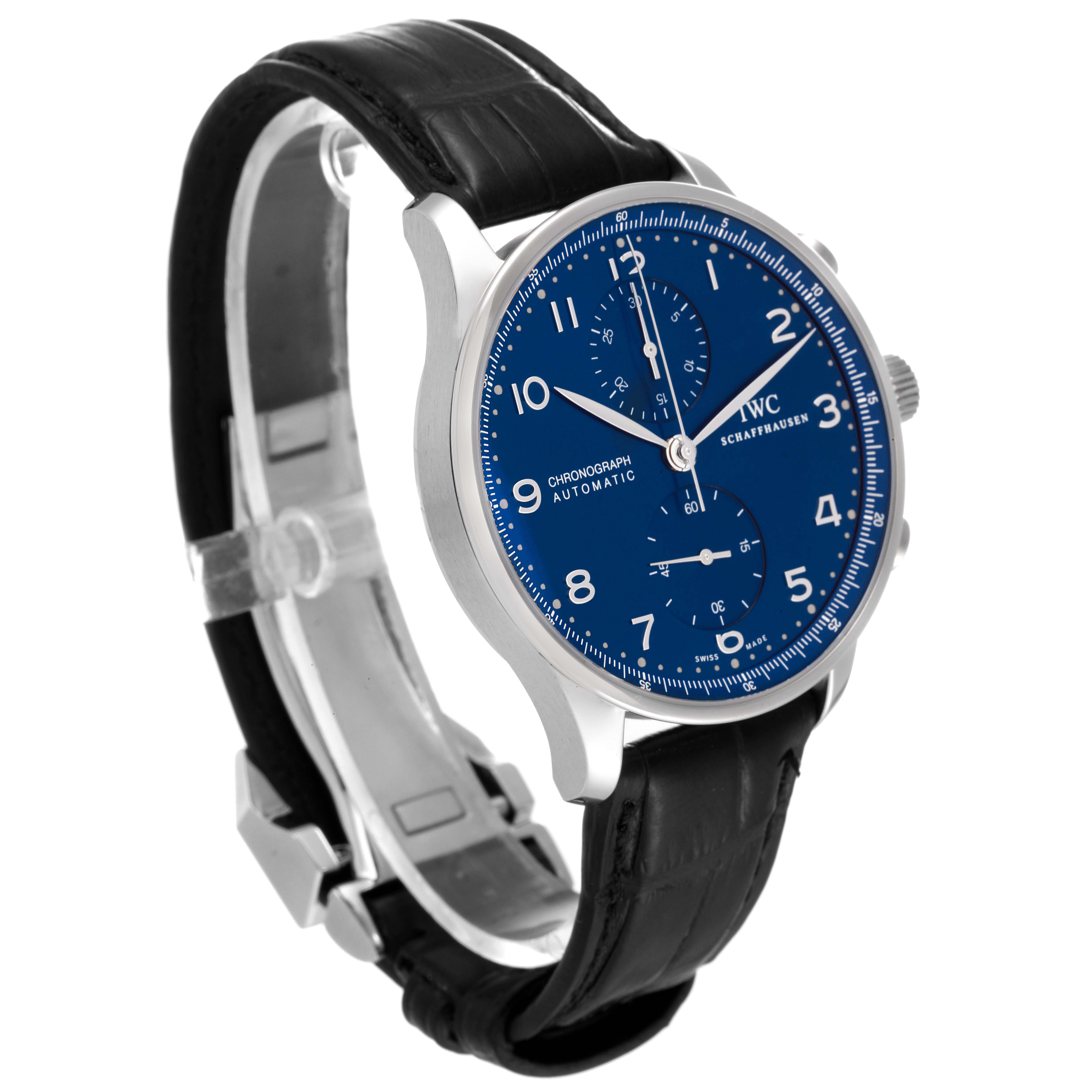This image shows a side angle of the IWC Portuguese IW371491 Men's Stainless Steel Blue Dial IW371491 Men's Stainless Steel Blue Dial watch, highlighting the face, hands, numerals, and black leather strap.