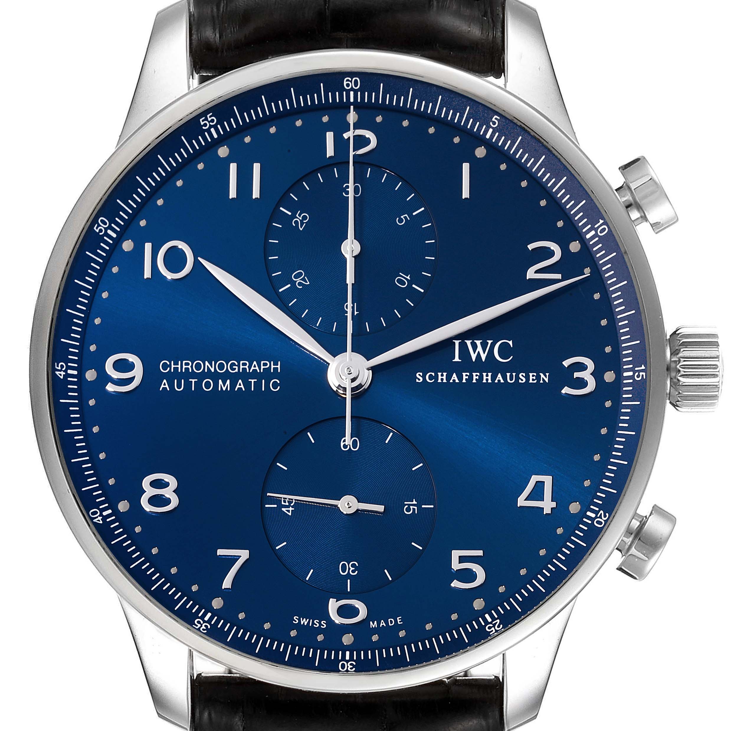 The image shows a frontal view of the IWC Portuguese IW371491 Men's Stainless Steel Blue Dial IW371491 Men's Stainless Steel Blue Dial Chronograph Automatic watch, featuring a blue dial and leather strap.