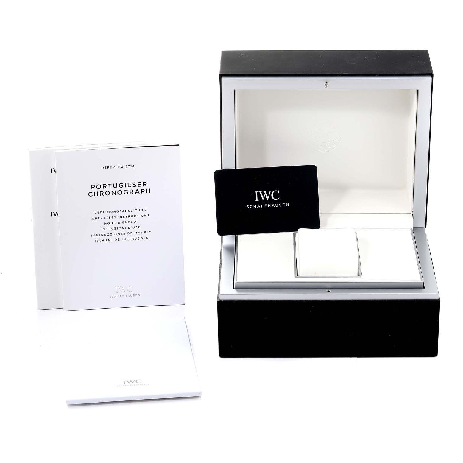 The image shows the packaging, manual, and warranty card for an IWC Portuguese IW371491 Men's Stainless Steel Blue Dial IW371491 Men's Stainless Steel Blue Dial Chronograph watch.