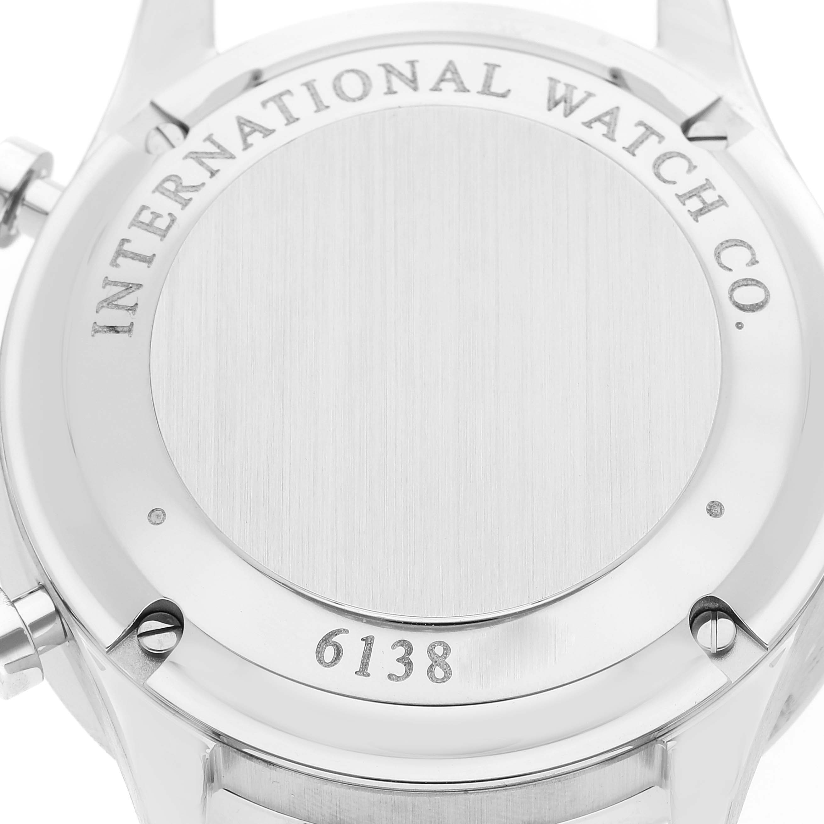 The image shows the back case of an IWC Portuguese IW371491 Men's Stainless Steel Blue Dial IW371491 Men's Stainless Steel Blue Dial model watch, displaying the engraved brand name and part of the strap.