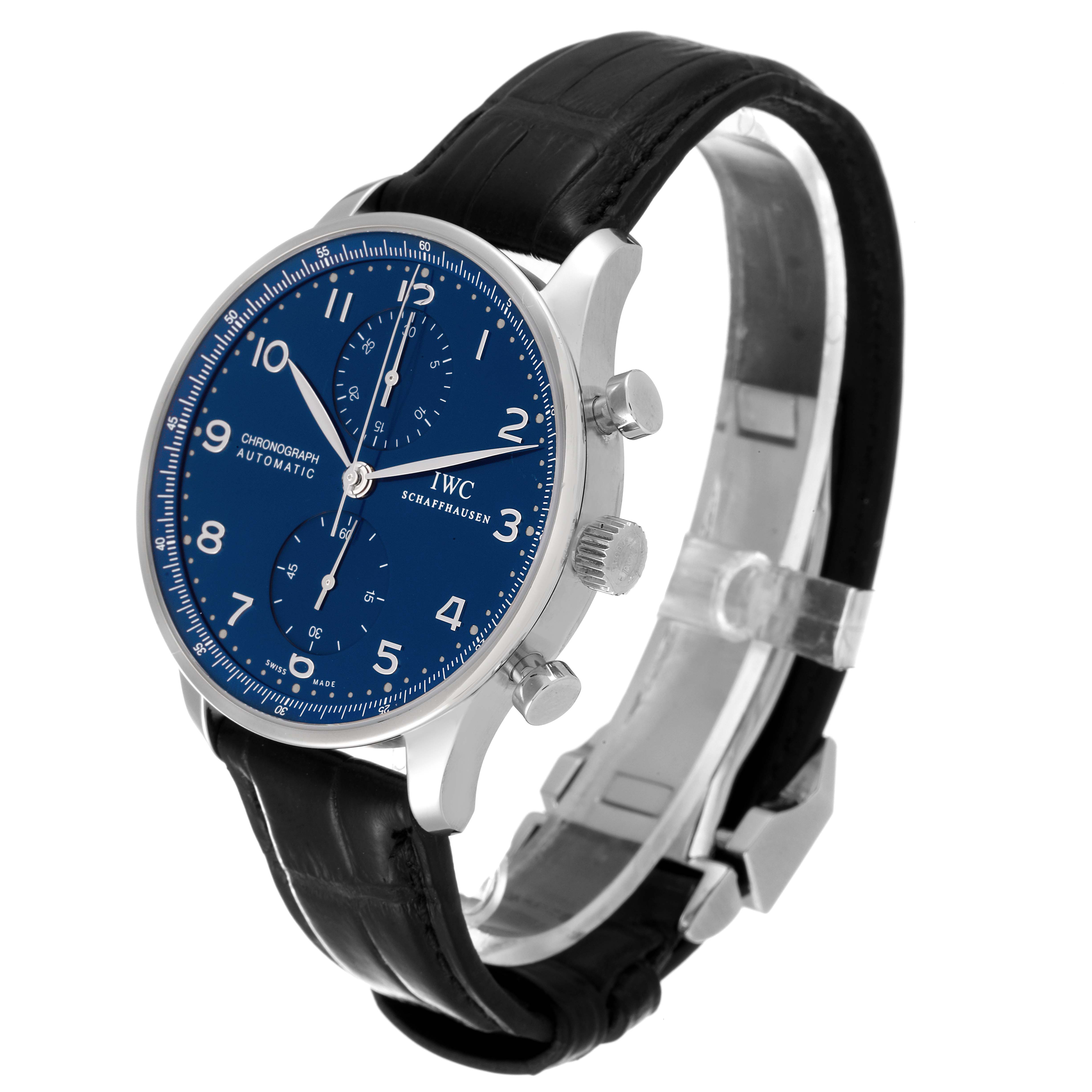 This image shows an angled view of an IWC Portuguese IW371491 Men's Stainless Steel Blue Dial IW371491 Men's Stainless Steel Blue Dial model watch, highlighting the blue dial, silver case, and black leather strap.