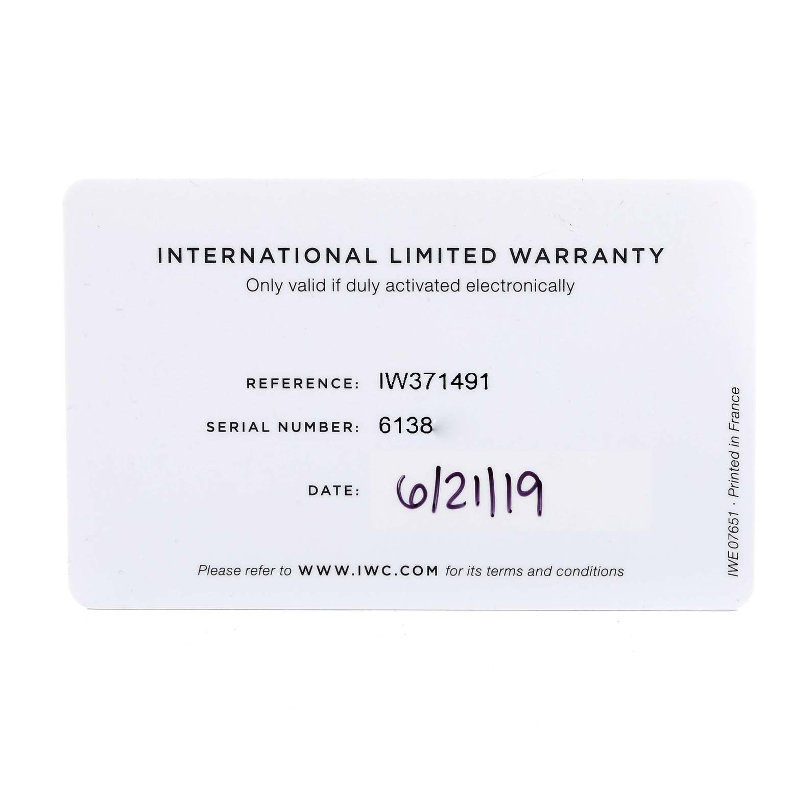 This image shows the international limited warranty card for the IWC Portuguese IW371491 Men's Stainless Steel Blue Dial IW371491 Men's Stainless Steel Blue Dial model with reference number IW371491.