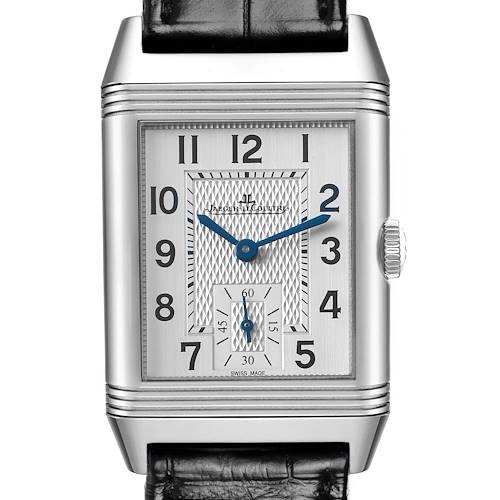 The Jaeger LeCoultre Reverso Q3848420 / 213.8.D4 Men's Stainless Steel Black Dial watch is shown from a straight-on angle, displaying the dial, bezel, and part of the strap.