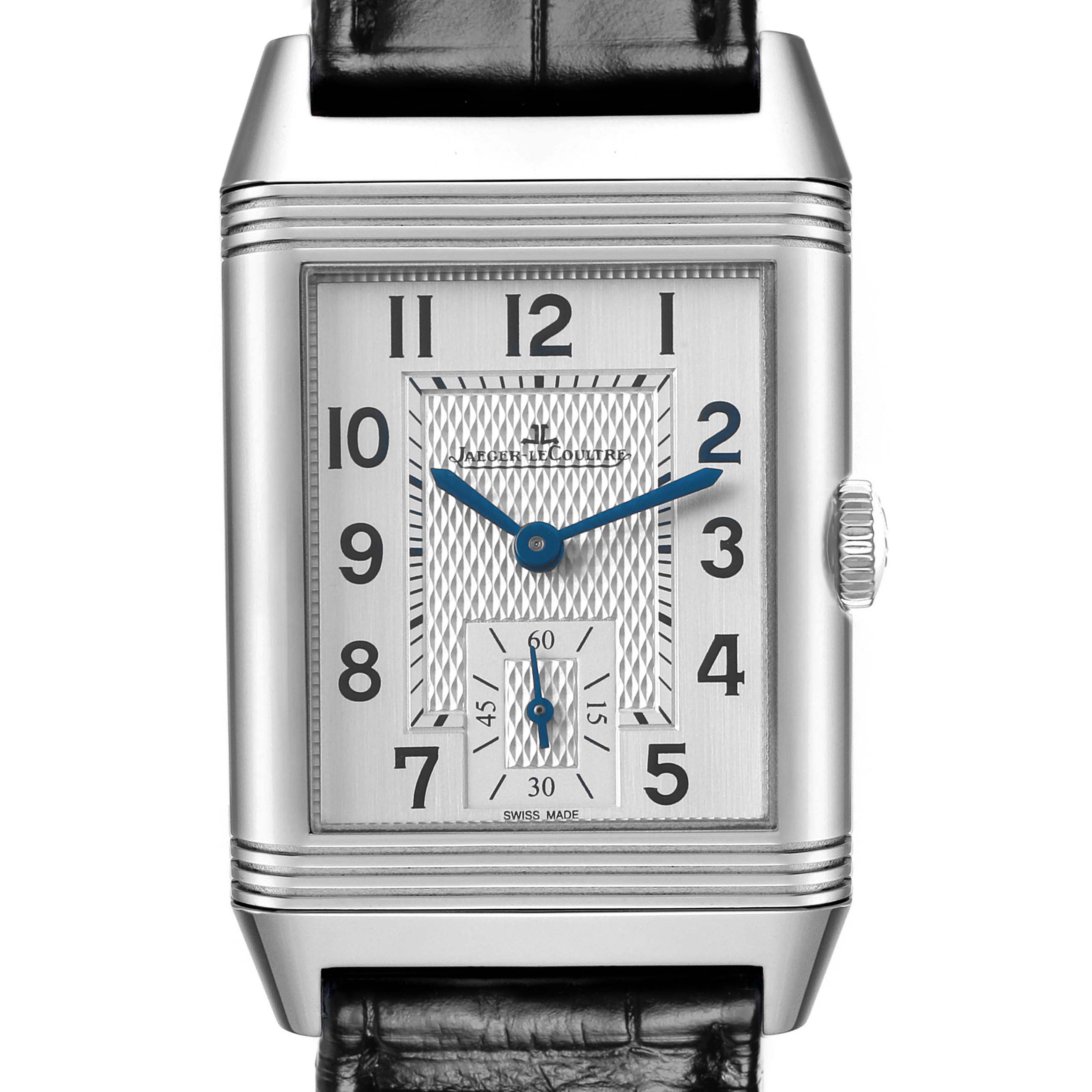 The image shows a frontal view of the Jaeger-LeCoultre Reverso watch, highlighting the dial, case, and crown.