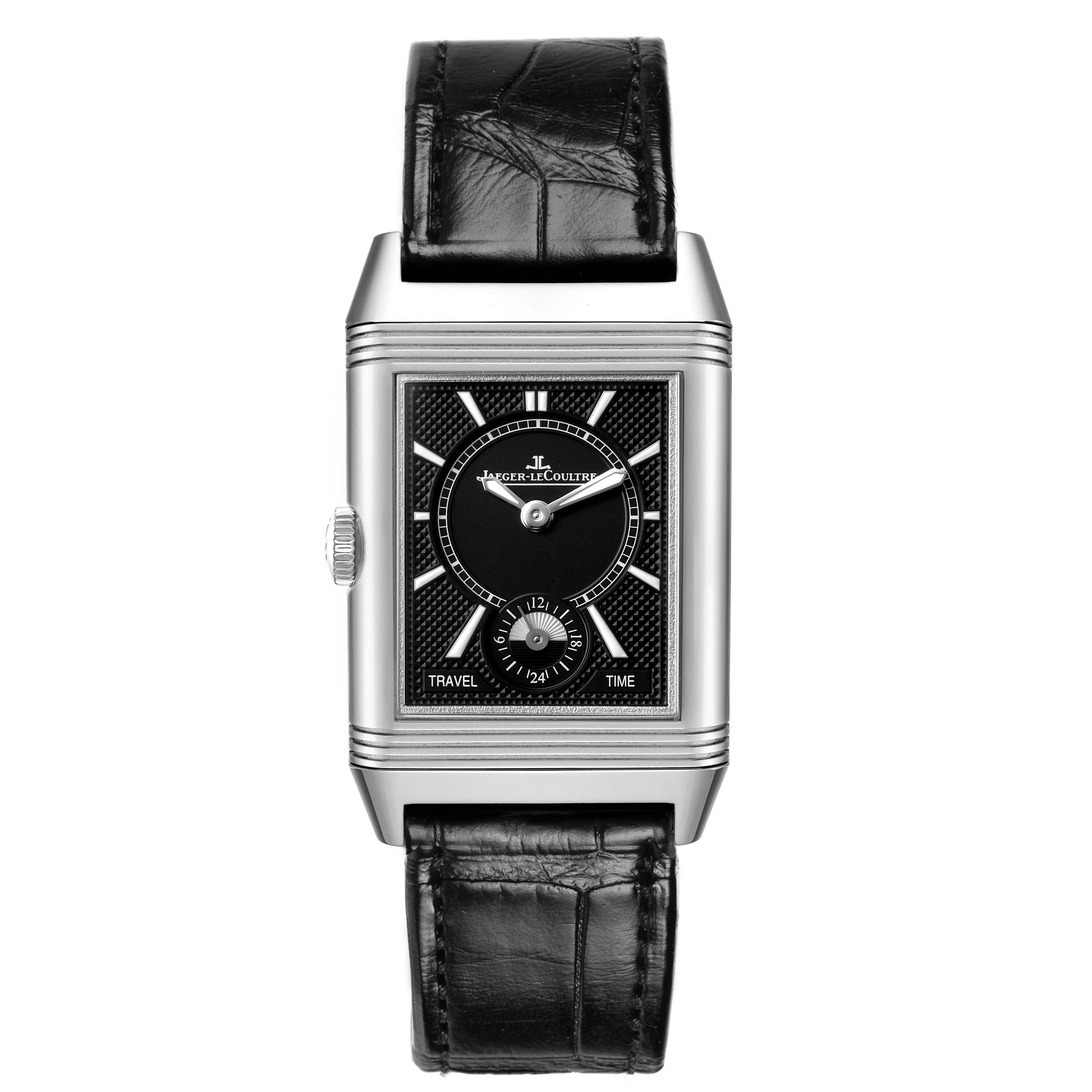 The image shows a frontal view of the Jaeger-LeCoultre Reverso watch, displaying its face, strap, and side crown.