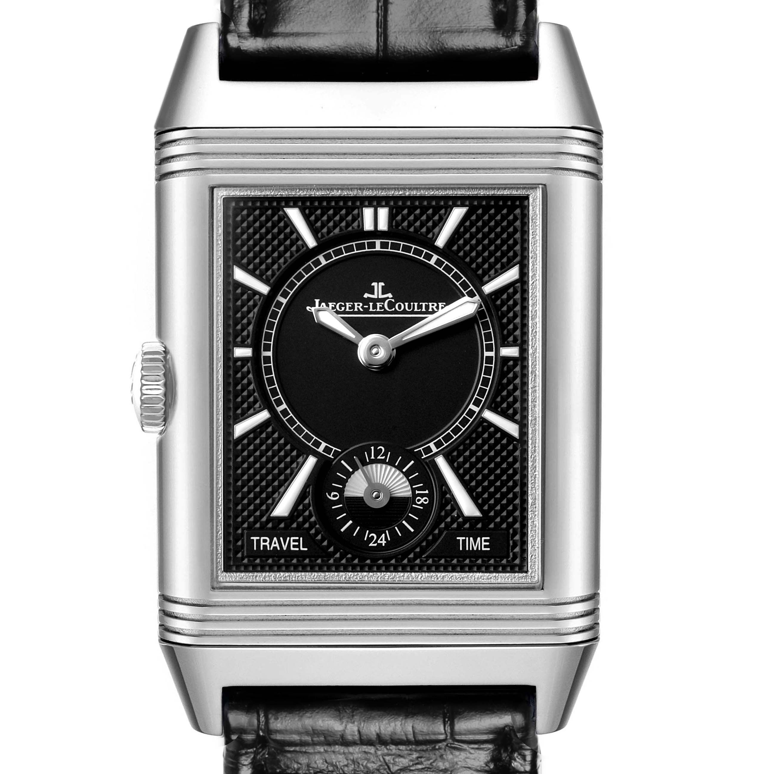 The Jaeger LeCoultre Reverso Q3848420 / 213.8.D4 Men's Stainless Steel Black Dial watch is shown from the front, highlighting the dial, crown, and strap.