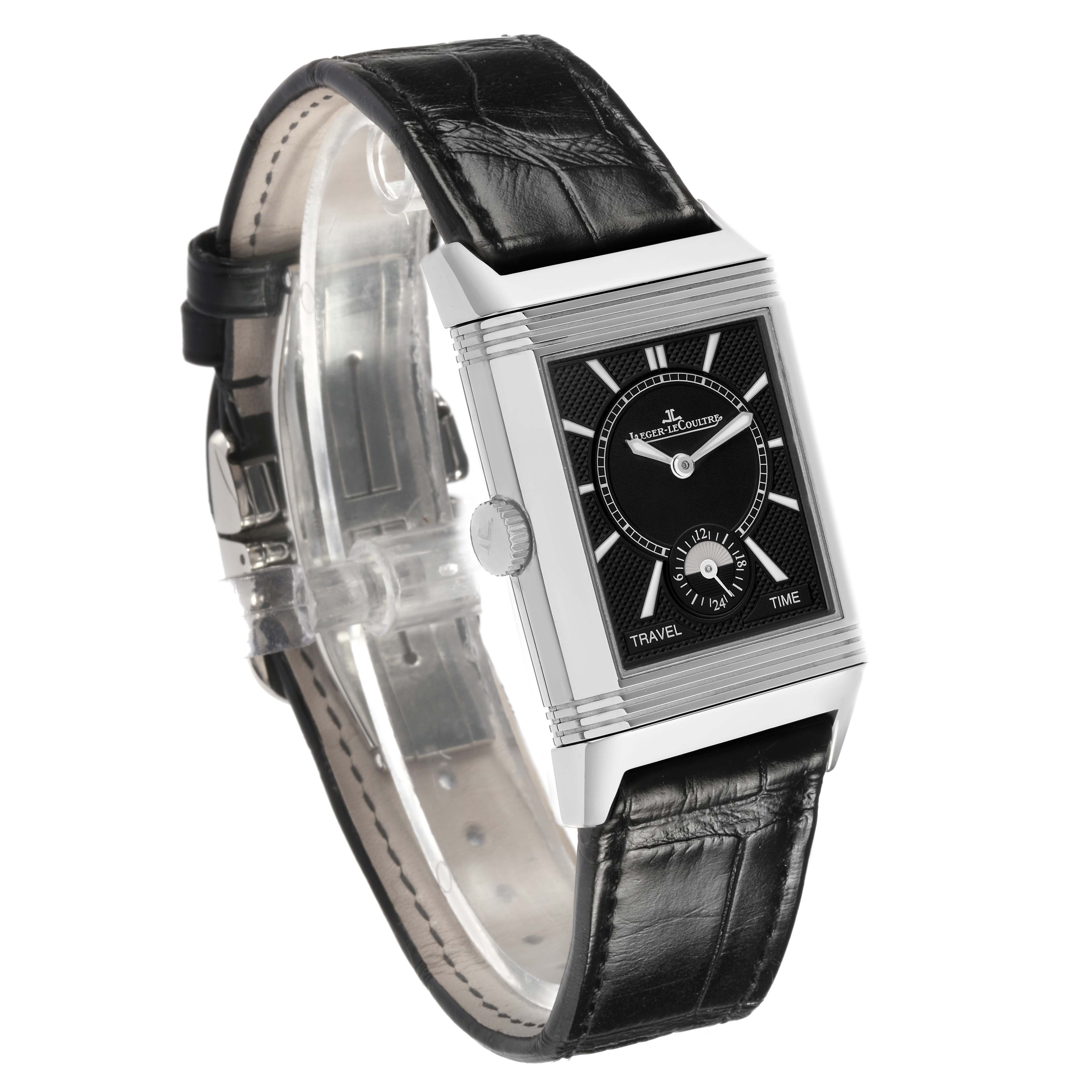 The Jaeger-LeCoultre Reverso watch is shown at a side angle, displaying the face, crown, and leather strap.