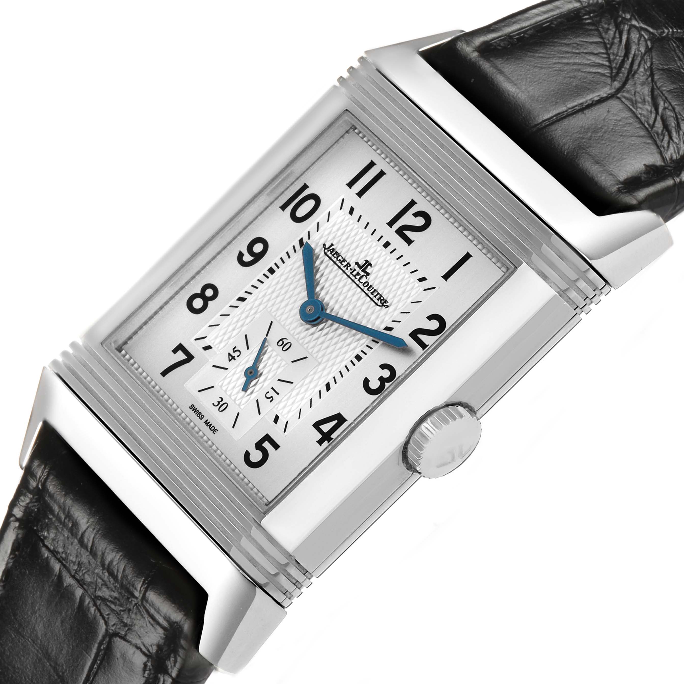 The Jaeger LeCoultre Reverso Q3848420 / 213.8.D4 Men's Stainless Steel Black Dial watch is shown angled slightly to the right, highlighting its rectangular face, crown, and leather strap.