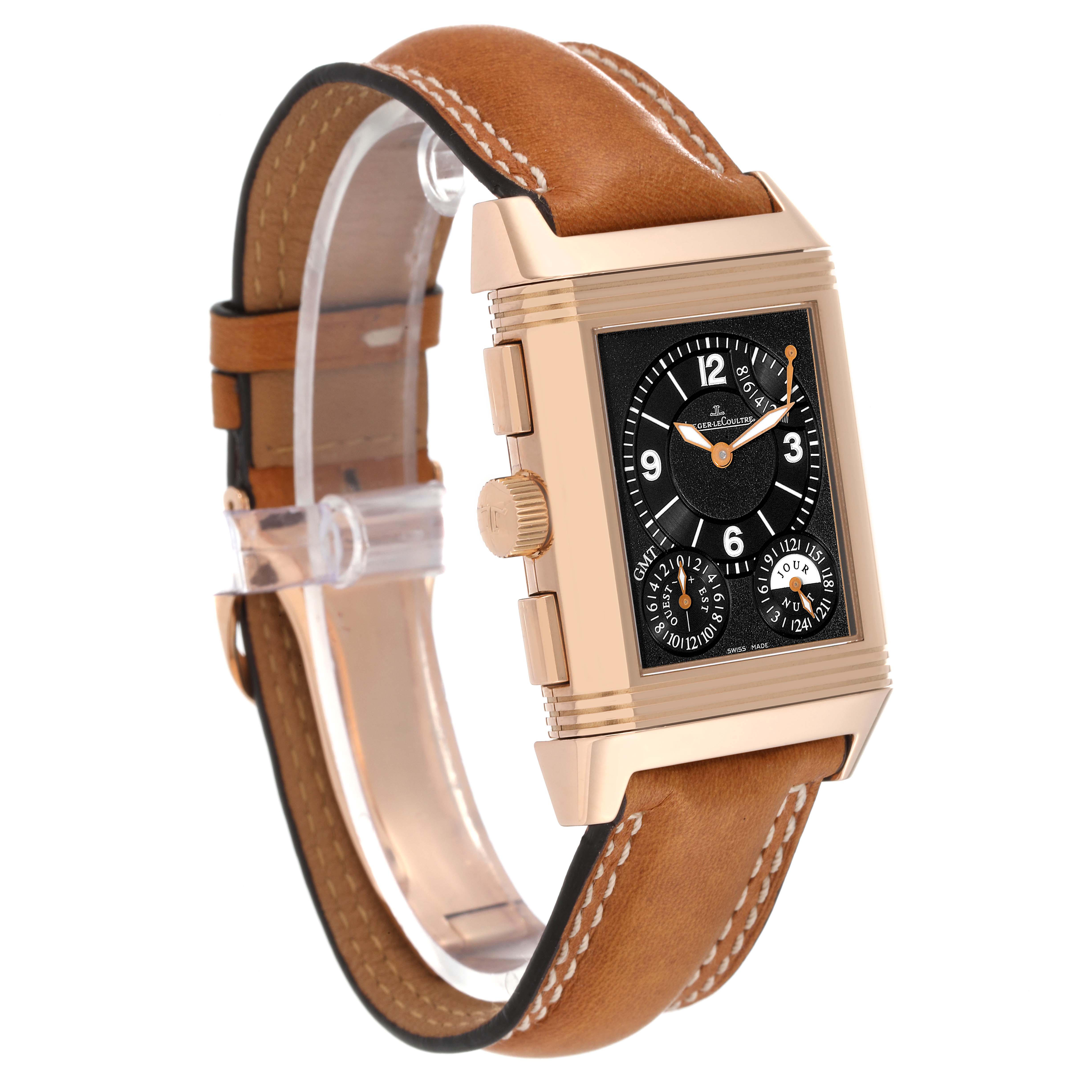 The image shows a side angle of a Jaeger-LeCoultre Reverso watch, emphasizing its face, case, crown, and brown leather strap.