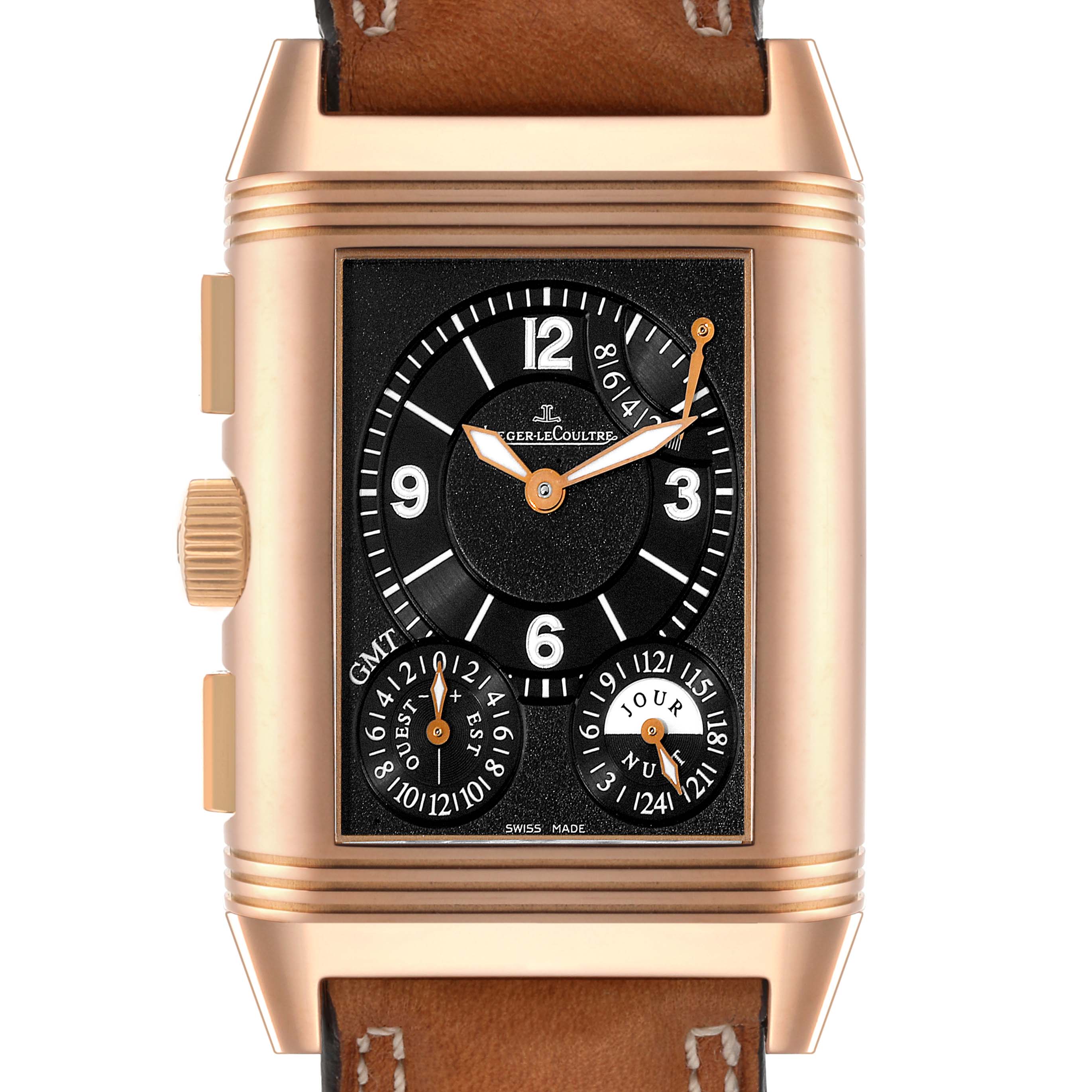 The image shows a frontal view of the Jaeger-LeCoultre Reverso watch displaying the dial, crown, and sub-dials.