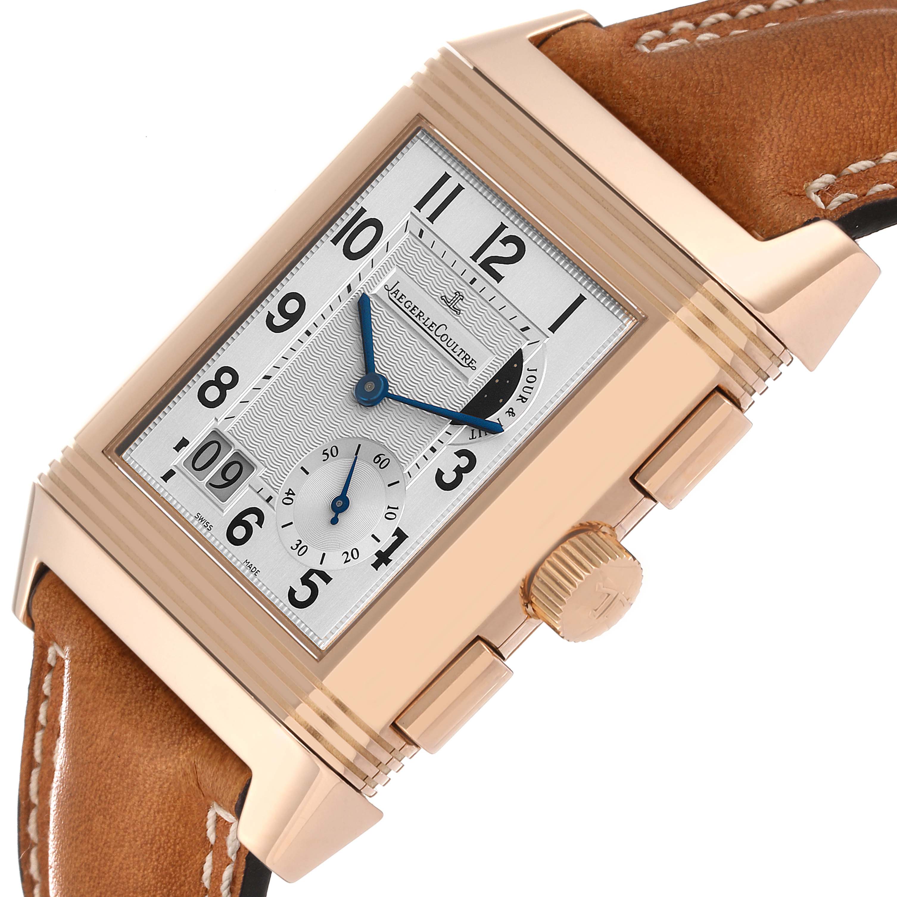 This image shows a Jaeger-LeCoultre Reverso watch at an angle, displaying its face, crown, and part of the leather strap.