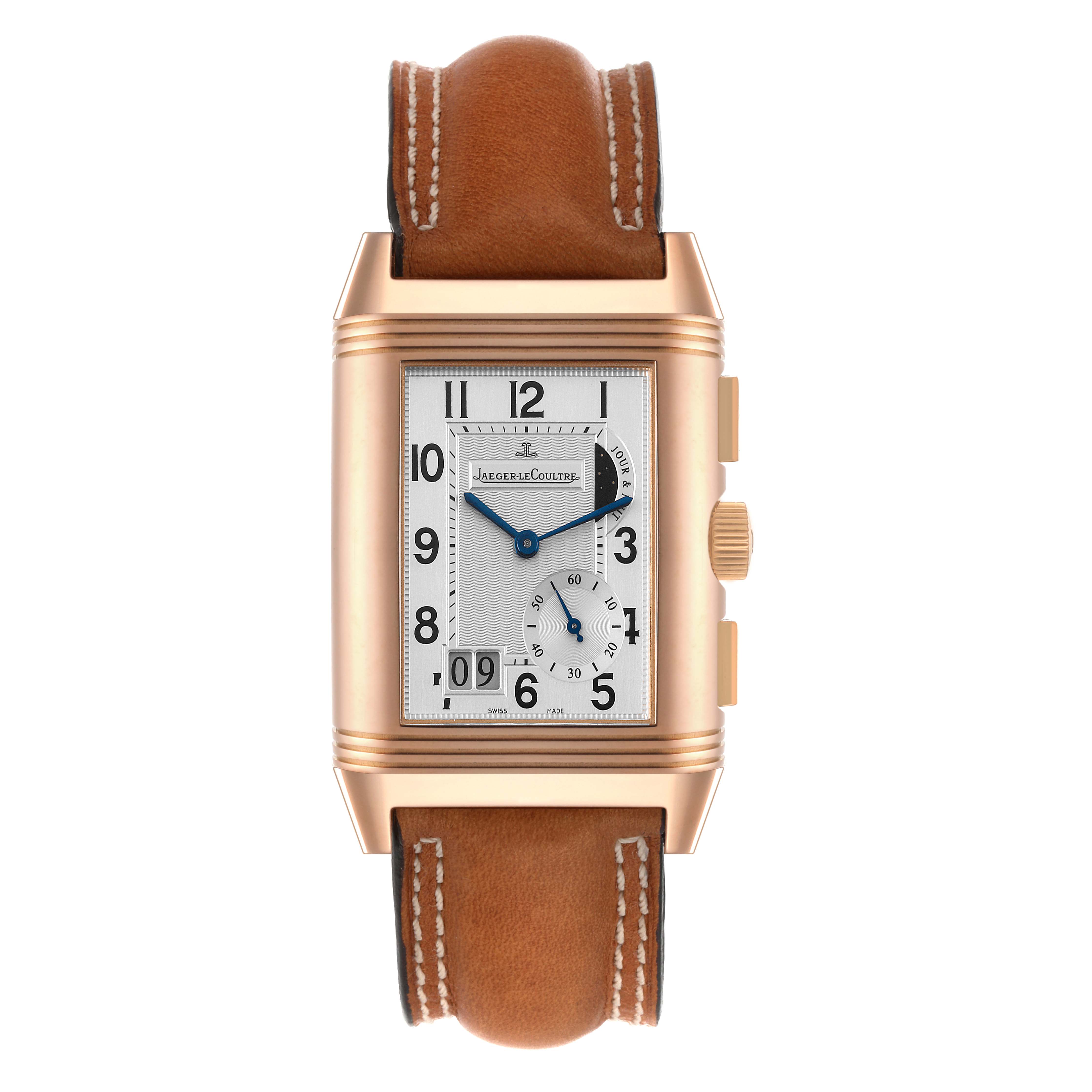 This image shows a frontal view of the Jaeger-LeCoultre Reverso watch, highlighting its dial, case, and band.