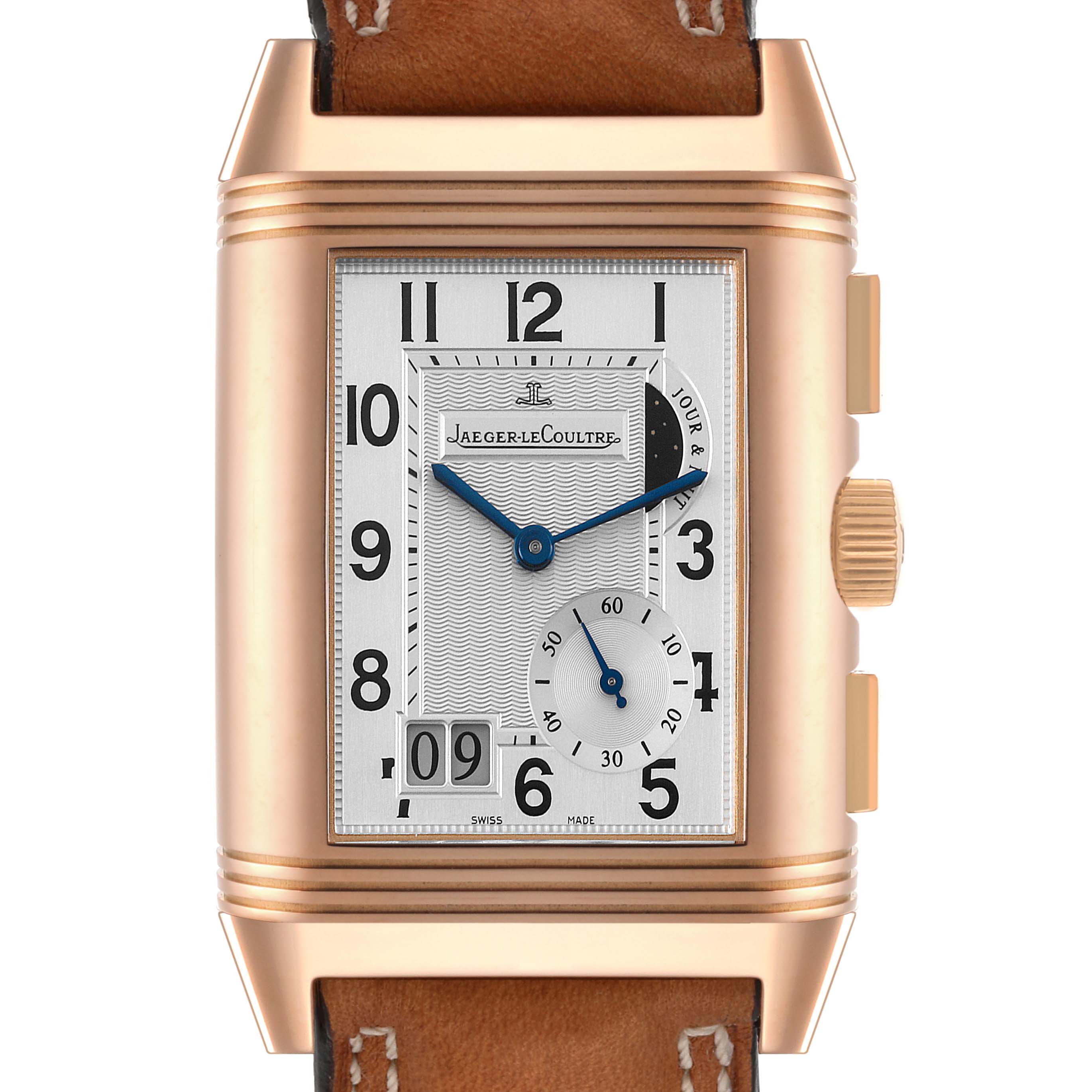 The image shows a front view of the Jaeger LeCoultre Reverso Q3022420 Men's Rose Gold Silver Dial Q3022420 Men's Rose Gold Silver Dial watch, highlighting its rectangular face, dial, crown, and leather strap.