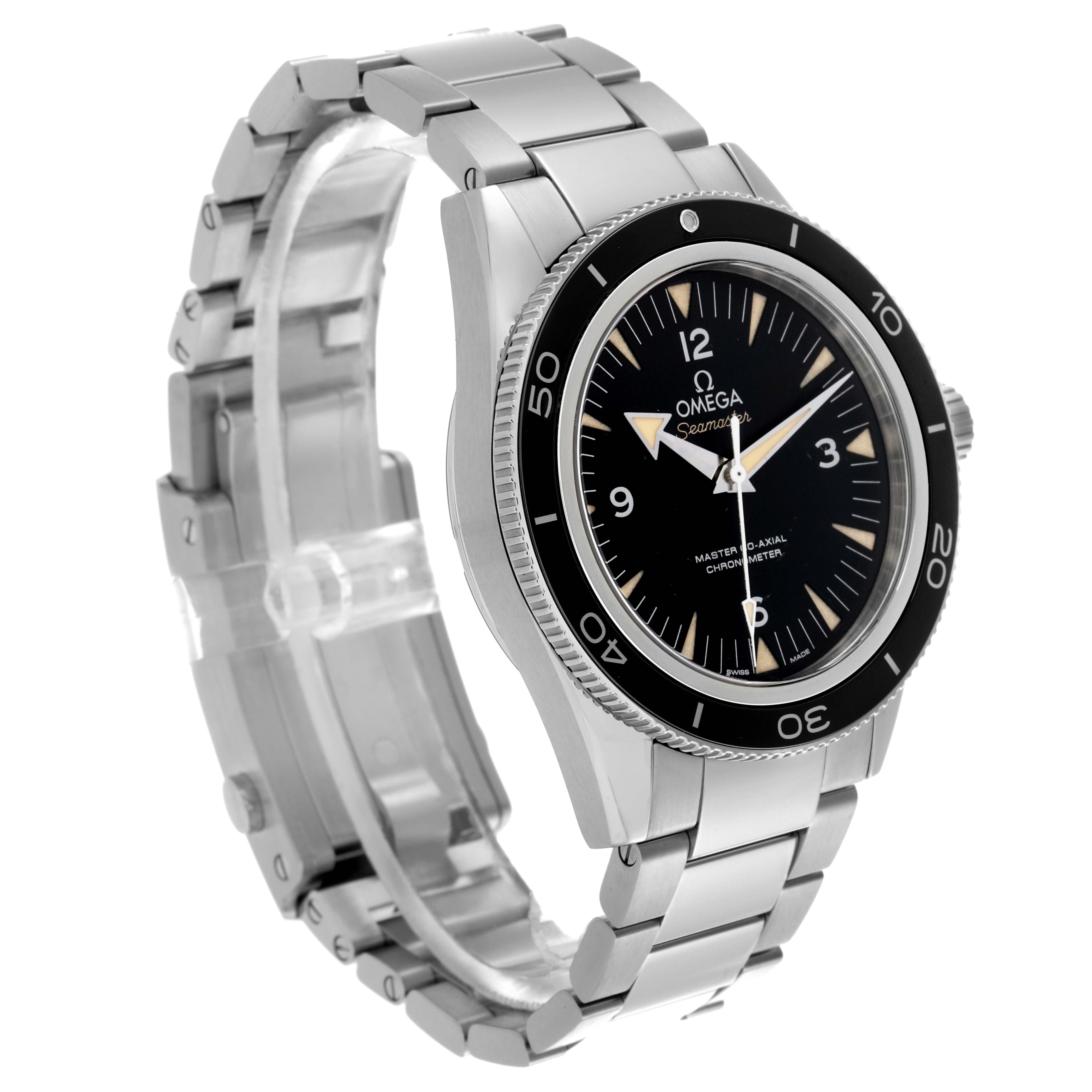 The image shows an Omega Seamaster 233.30.41.21.01.001 Men
s Stainless Steel Black Dial 233.30.41.21.01.001 Men
s Stainless Steel Black Dial watch at a three-quarter angle, displaying the face, bezel, and bracelet.