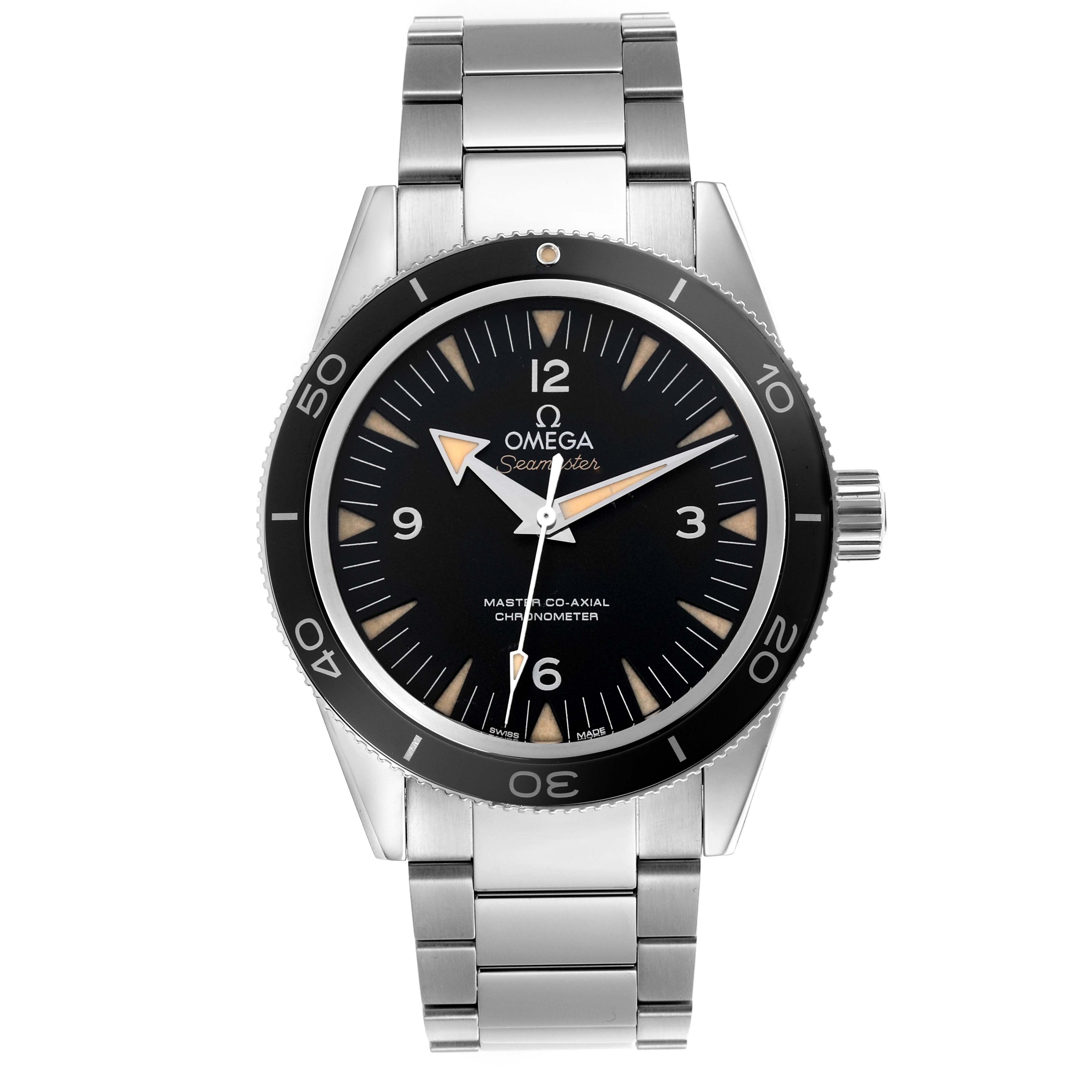 The Omega Seamaster 233.30.41.21.01.001 Men
s Stainless Steel Black Dial 233.30.41.21.01.001 Men
s Stainless Steel Black Dial watch is shown from a front angle, displaying the dial, bezel, and full bracelet.