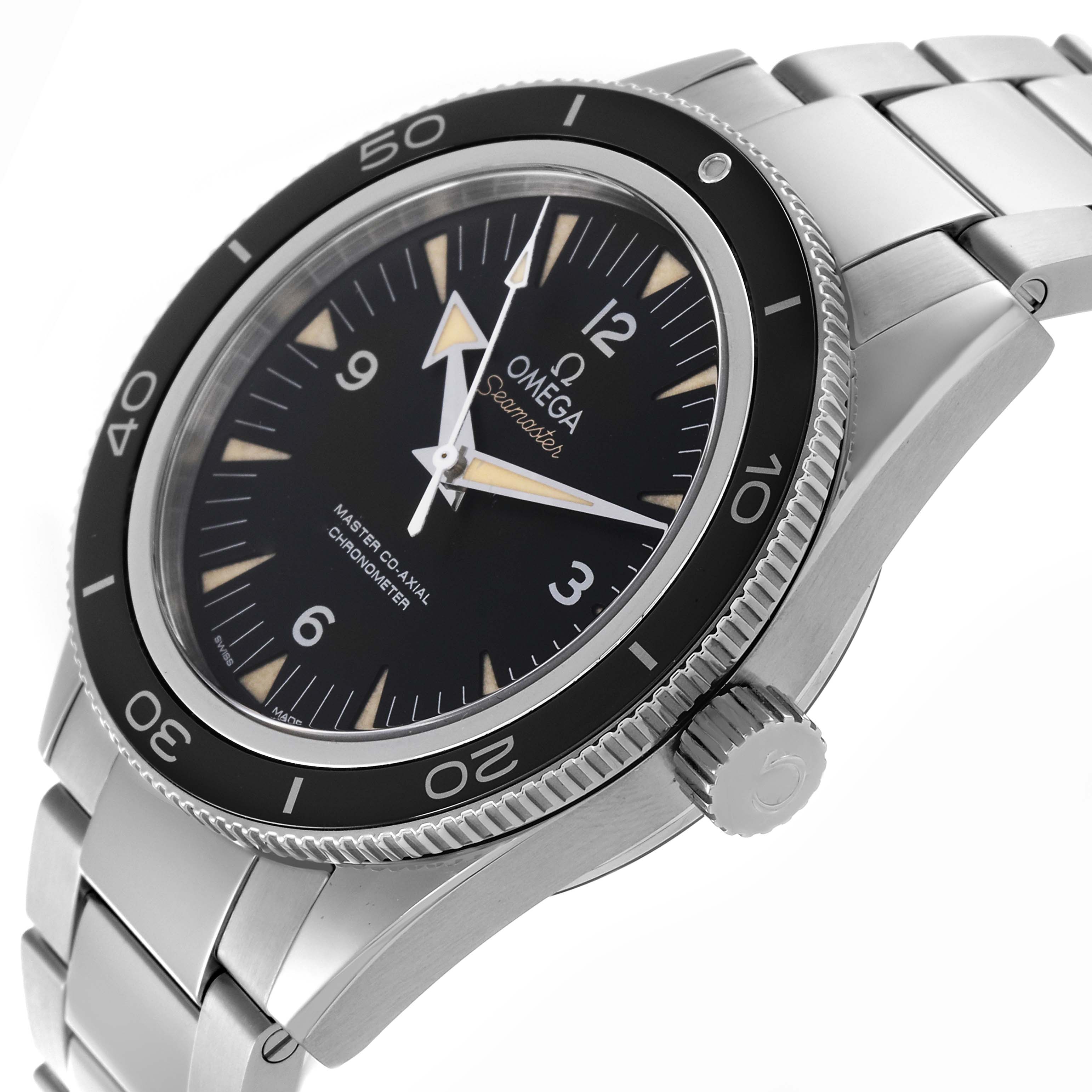 The Omega Seamaster 233.30.41.21.01.001 Men
s Stainless Steel Black Dial 233.30.41.21.01.001 Men
s Stainless Steel Black Dial watch is shown at an angled view, highlighting the bezel, crown, and stainless steel bracelet.