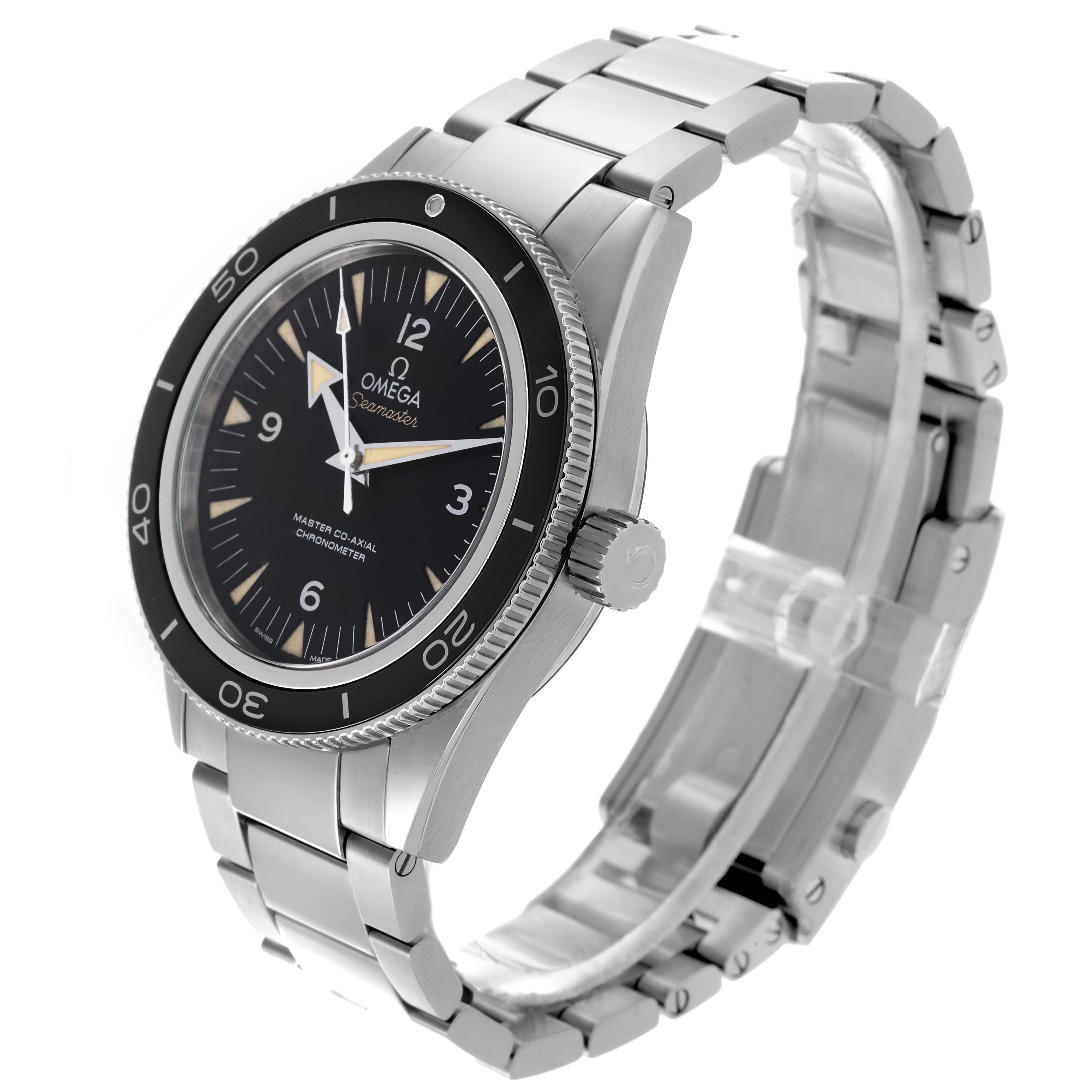 The Omega Seamaster 233.30.41.21.01.001 Men
s Stainless Steel Black Dial 233.30.41.21.01.001 Men
s Stainless Steel Black Dial watch is shown at a three-quarter angle, highlighting the face, bezel, crown, and stainless steel bracelet.