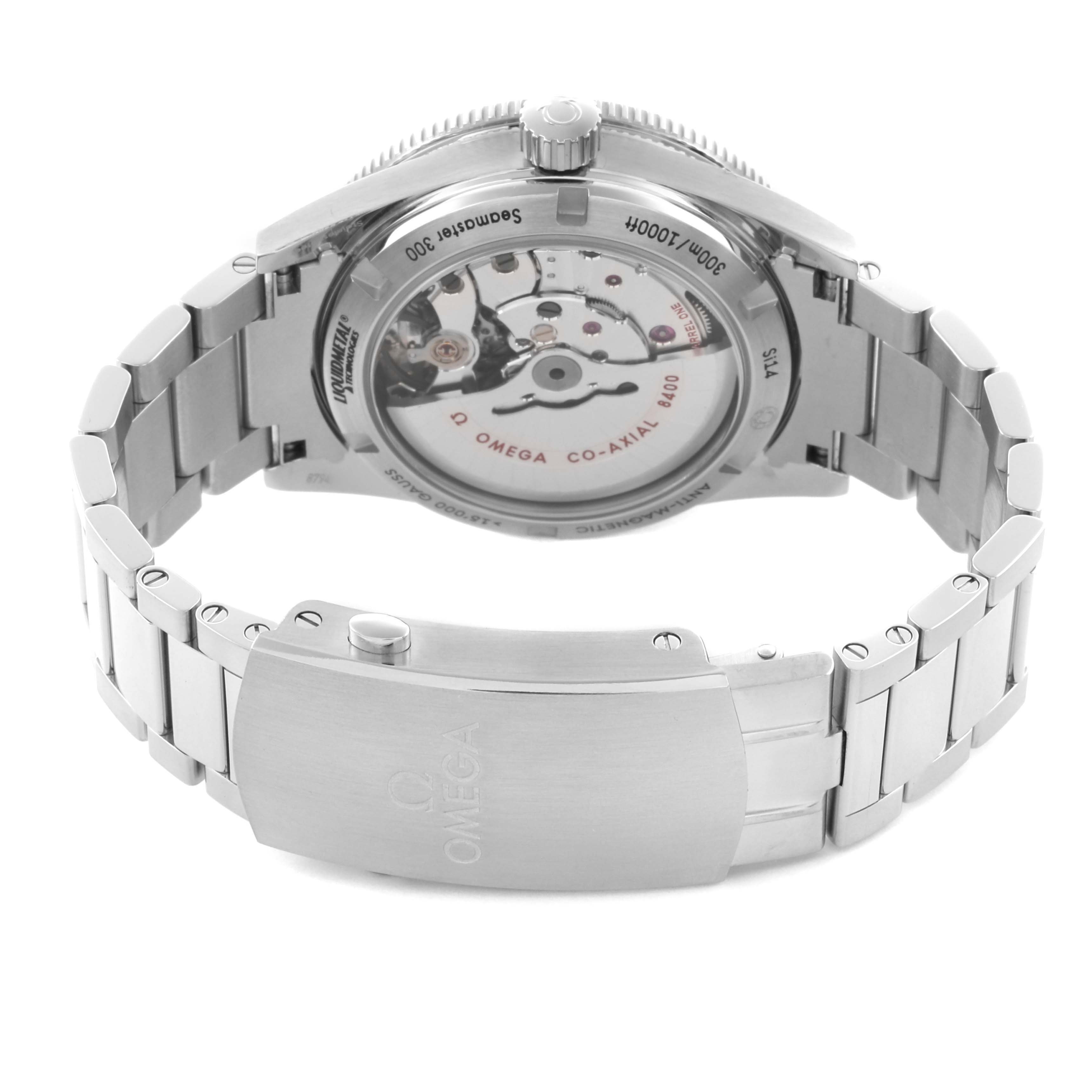 The image shows an Omega Seamaster 233.30.41.21.01.001 Men
s Stainless Steel Black Dial 233.30.41.21.01.001 Men
s Stainless Steel Black Dial watch from the back, displaying the see-through case back and metal bracelet clasp.