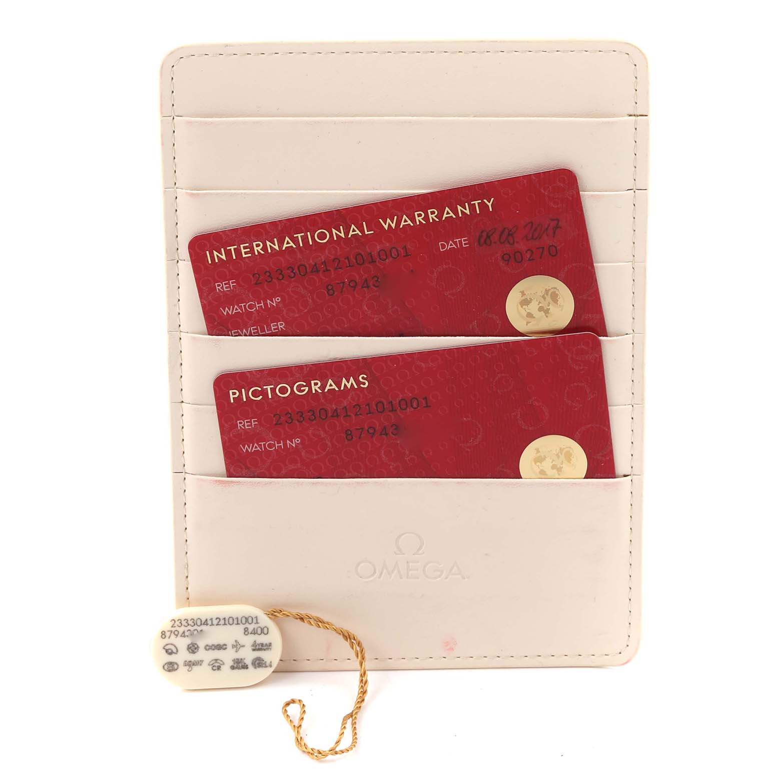 The image shows Omega Seamaster 233.30.41.21.01.001 Men
s Stainless Steel Black Dial 233.30.41.21.01.001 Men
s Stainless Steel Black Dial accessories including warranty and pictogram cards in a cardholder, along with a hang tag.