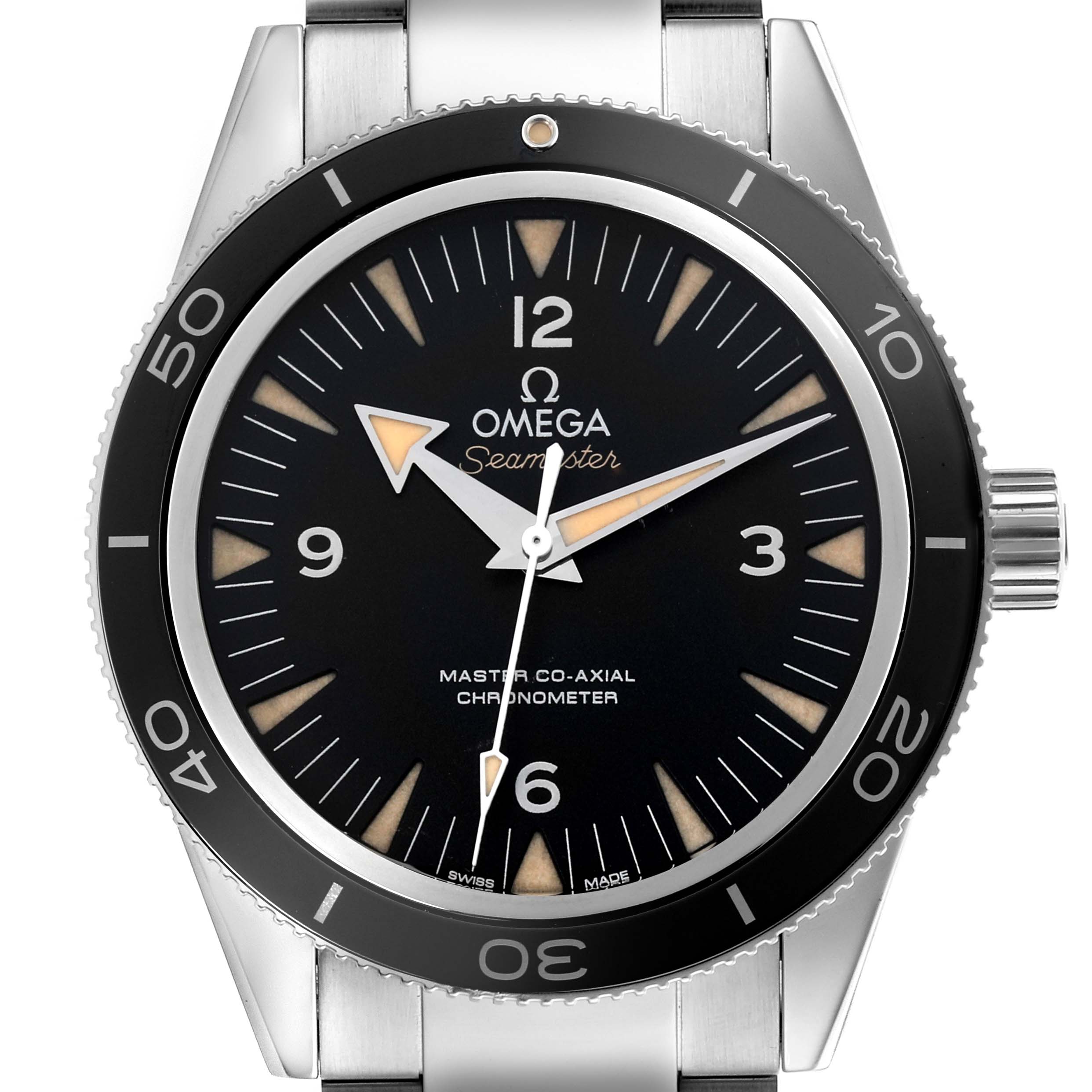 The Omega Seamaster 233.30.41.21.01.001 Men
s Stainless Steel Black Dial 233.30.41.21.01.001 Men
s Stainless Steel Black Dial watch is shown from a front angle, displaying its face, bezel, and part of its bracelet.