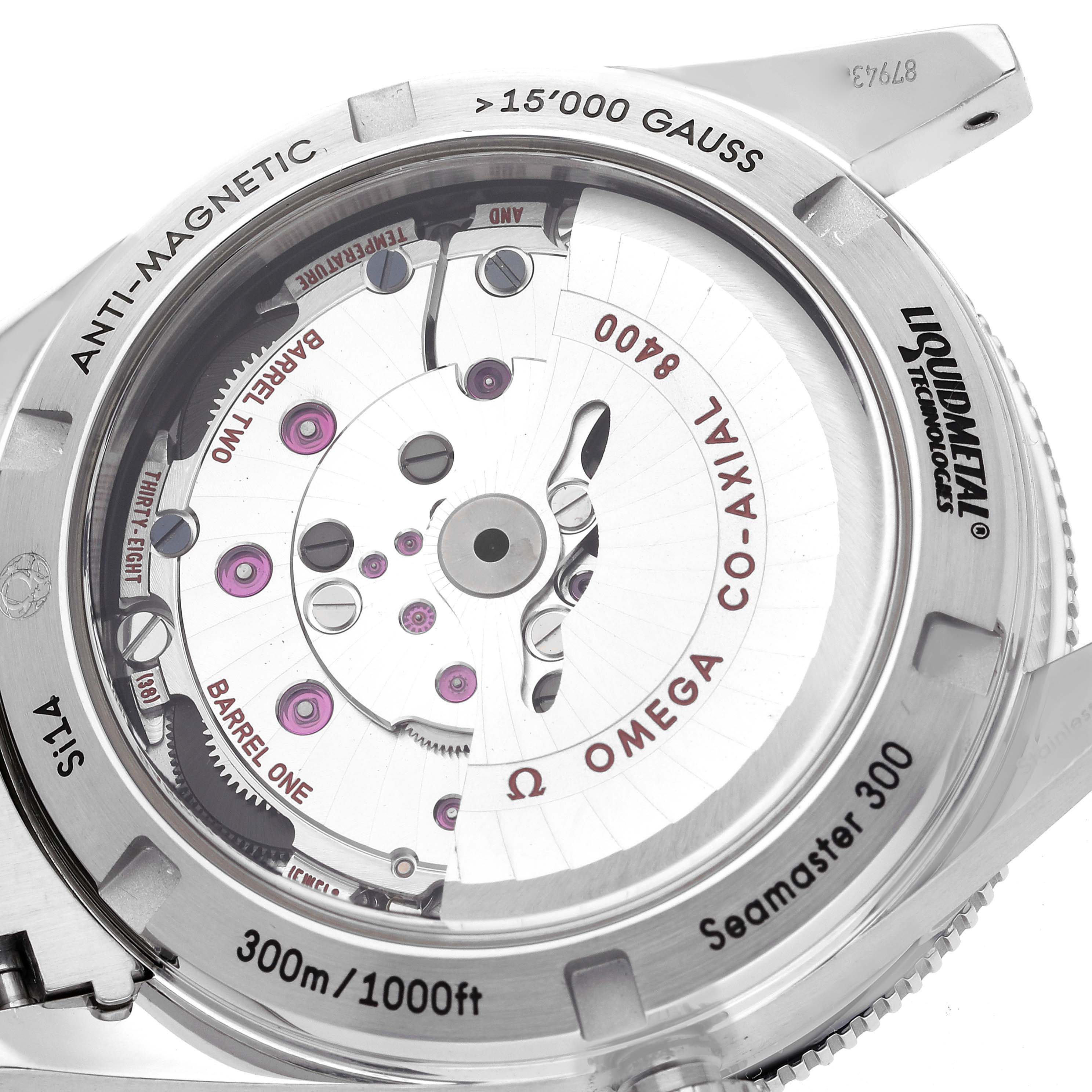 The image shows the back view of the Omega Seamaster 233.30.41.21.01.001 Men
s Stainless Steel Black Dial 233.30.41.21.01.001 Men
s Stainless Steel Black Dial, highlighting the Co-Axial movement and anti-magnetic features.