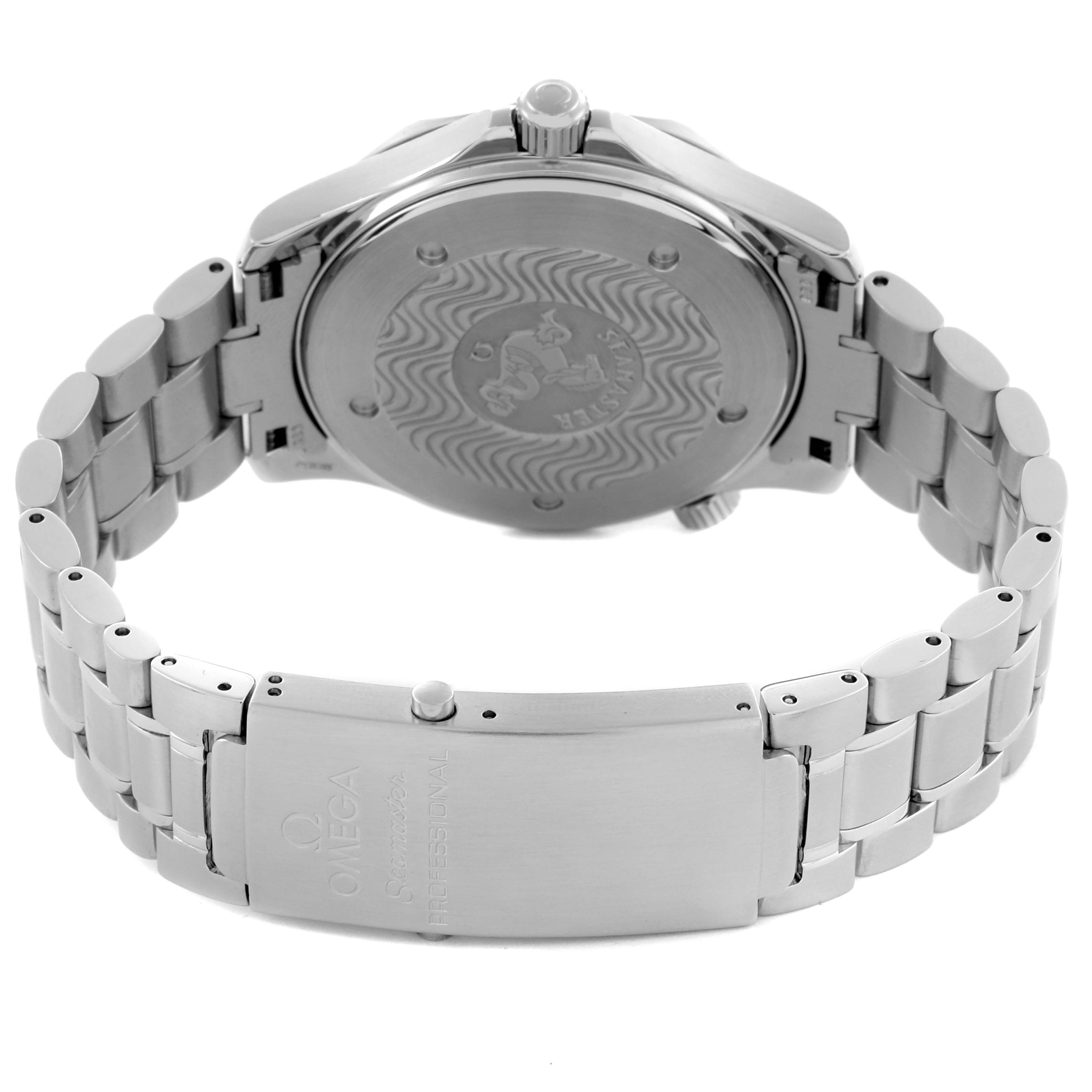 The image shows the back and bracelet of the Omega Seamaster 2264.50.00 Men
s Stainless Steel Black Dial 2264.50.00 Men
s Stainless Steel Black Dial, highlighting the case back and clasp with branding.