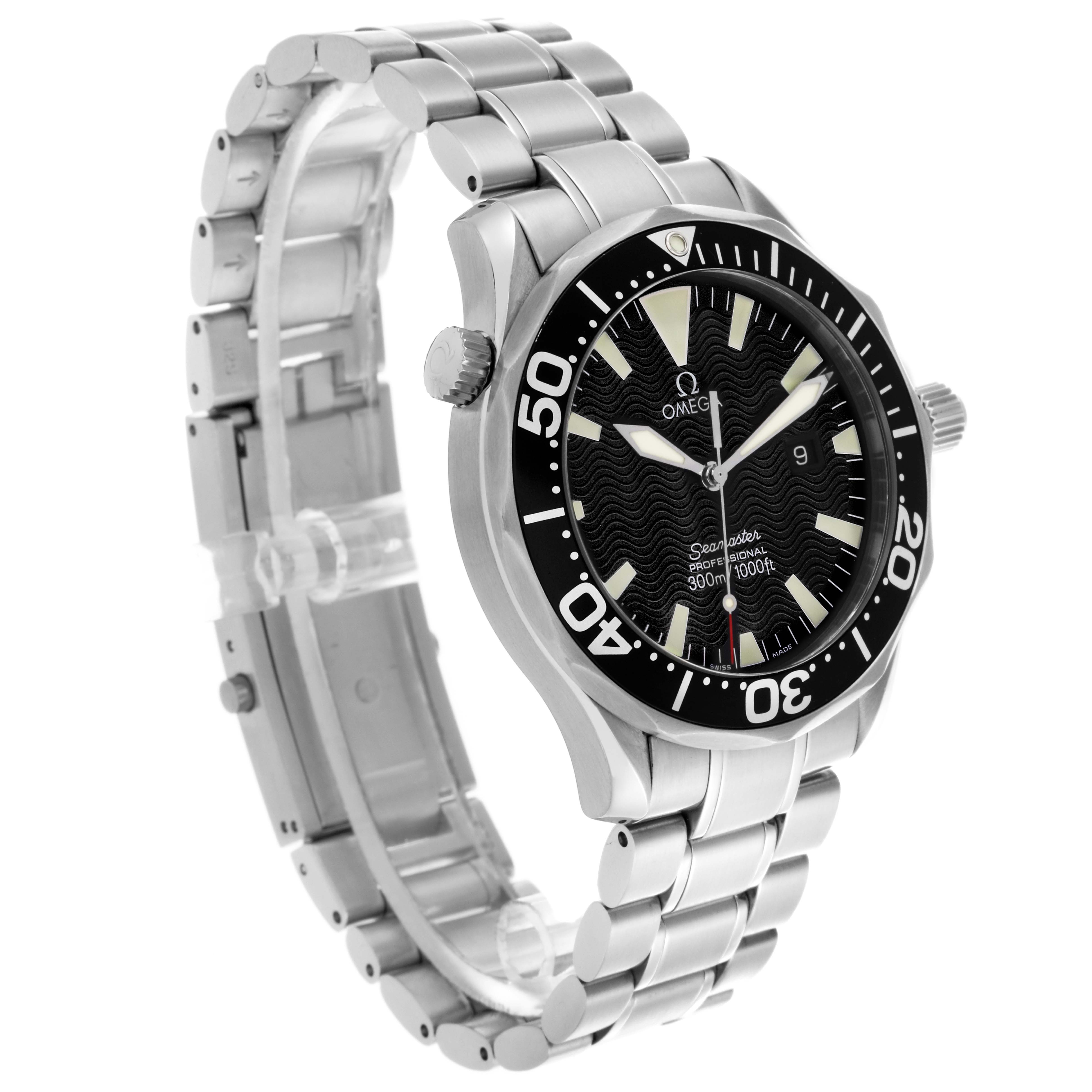 The Omega Seamaster 2264.50.00 Men
s Stainless Steel Black Dial 2264.50.00 Men
s Stainless Steel Black Dial watch is shown at a three-quarter angle, highlighting the dial, bezel, bracelet, and crown.