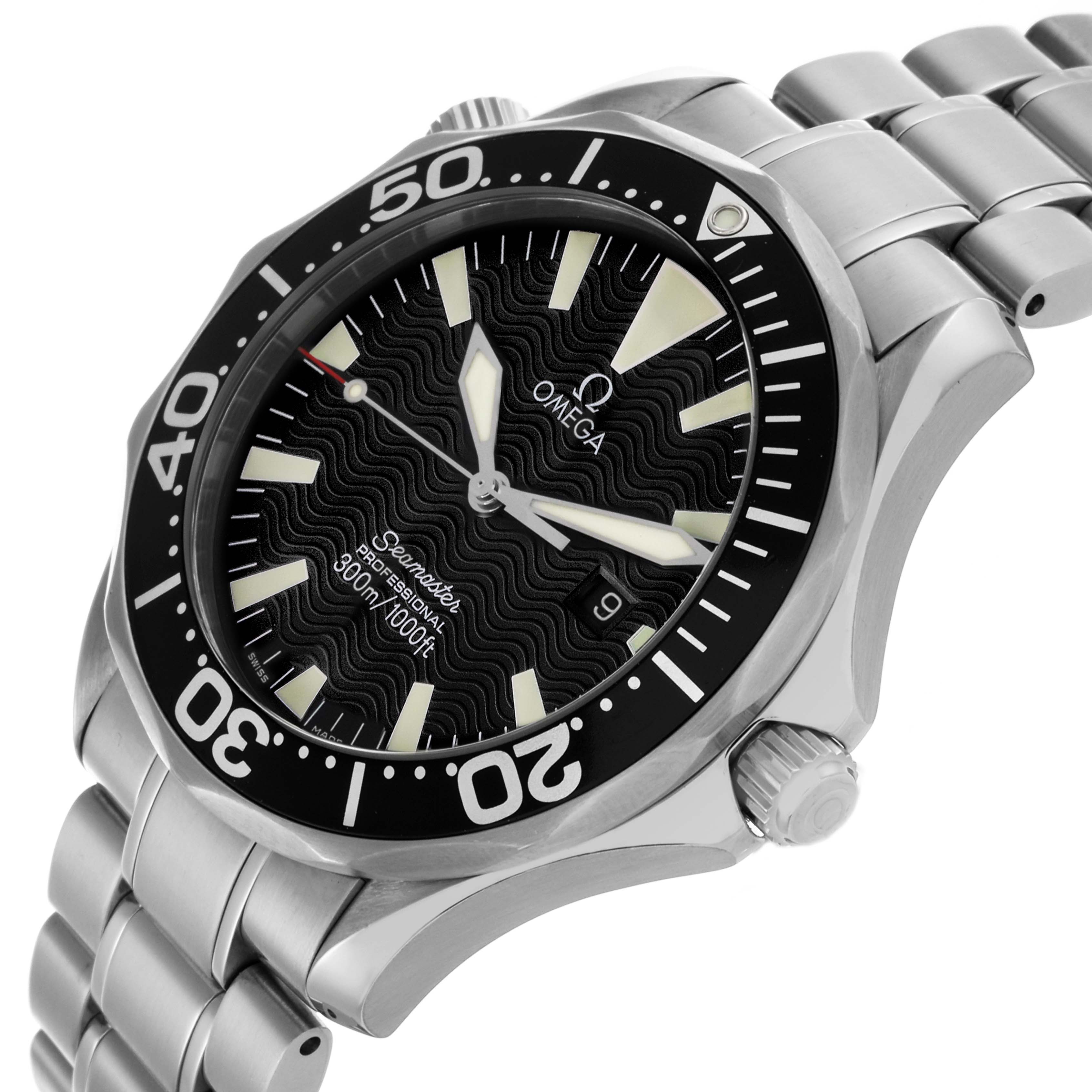 The Omega Seamaster 2264.50.00 Men
s Stainless Steel Black Dial 2264.50.00 Men
s Stainless Steel Black Dial watch is shown from an angle that highlights the face, bezel, crown, and metal bracelet.