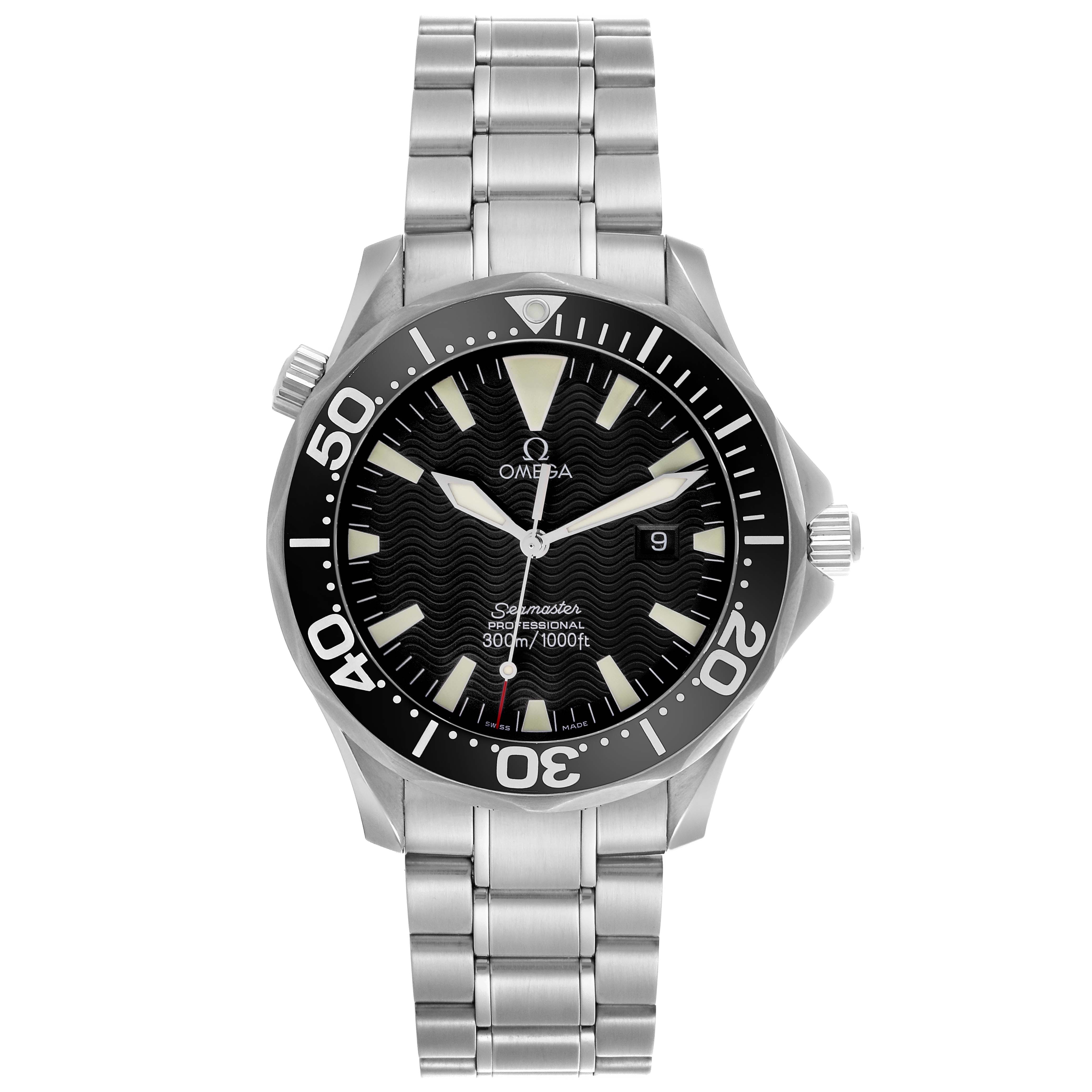 The Omega Seamaster 2264.50.00 Men
s Stainless Steel Black Dial 2264.50.00 Men
s Stainless Steel Black Dial watch is shown from a front angle, displaying the face, bezel, crown, and metal bracelet.