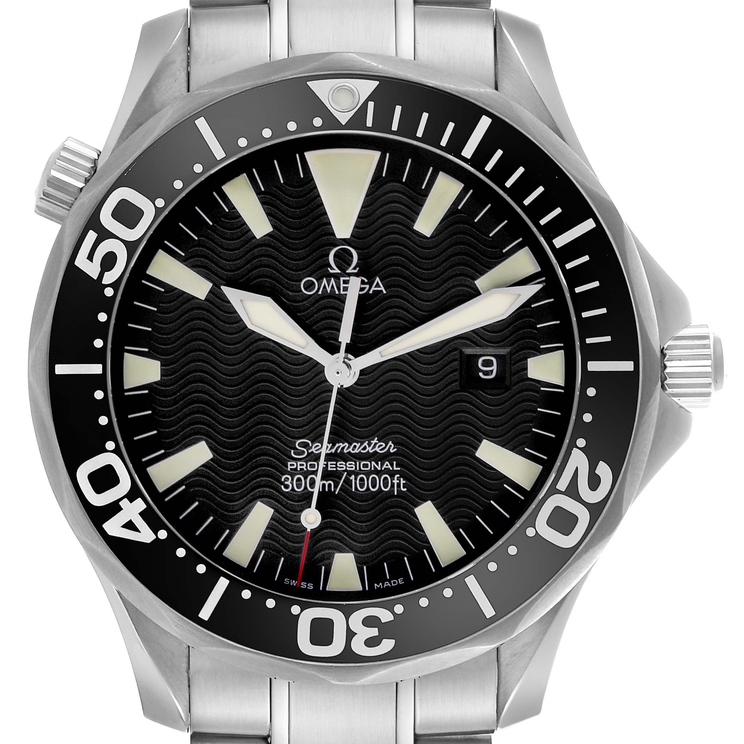The Omega Seamaster 2264.50.00 Men
s Stainless Steel Black Dial 2264.50.00 Men
s Stainless Steel Black Dial watch is shown from a straight-on angle, highlighting the face, bezel, and part of the bracelet.