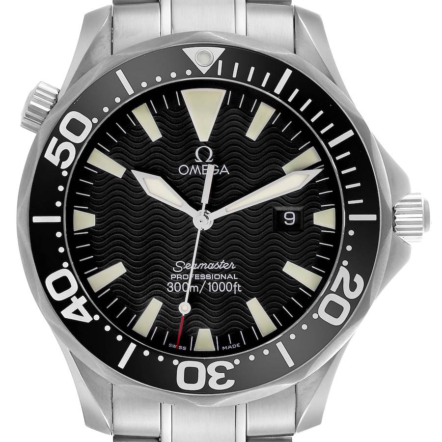 The Omega Seamaster watch is shown from a straight-on angle, highlighting the face, bezel, and part of the bracelet.