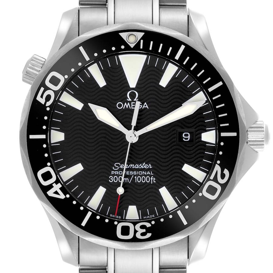 The image shows a front view of the Omega Seamaster watch with its dial, bezel, and crown visible.