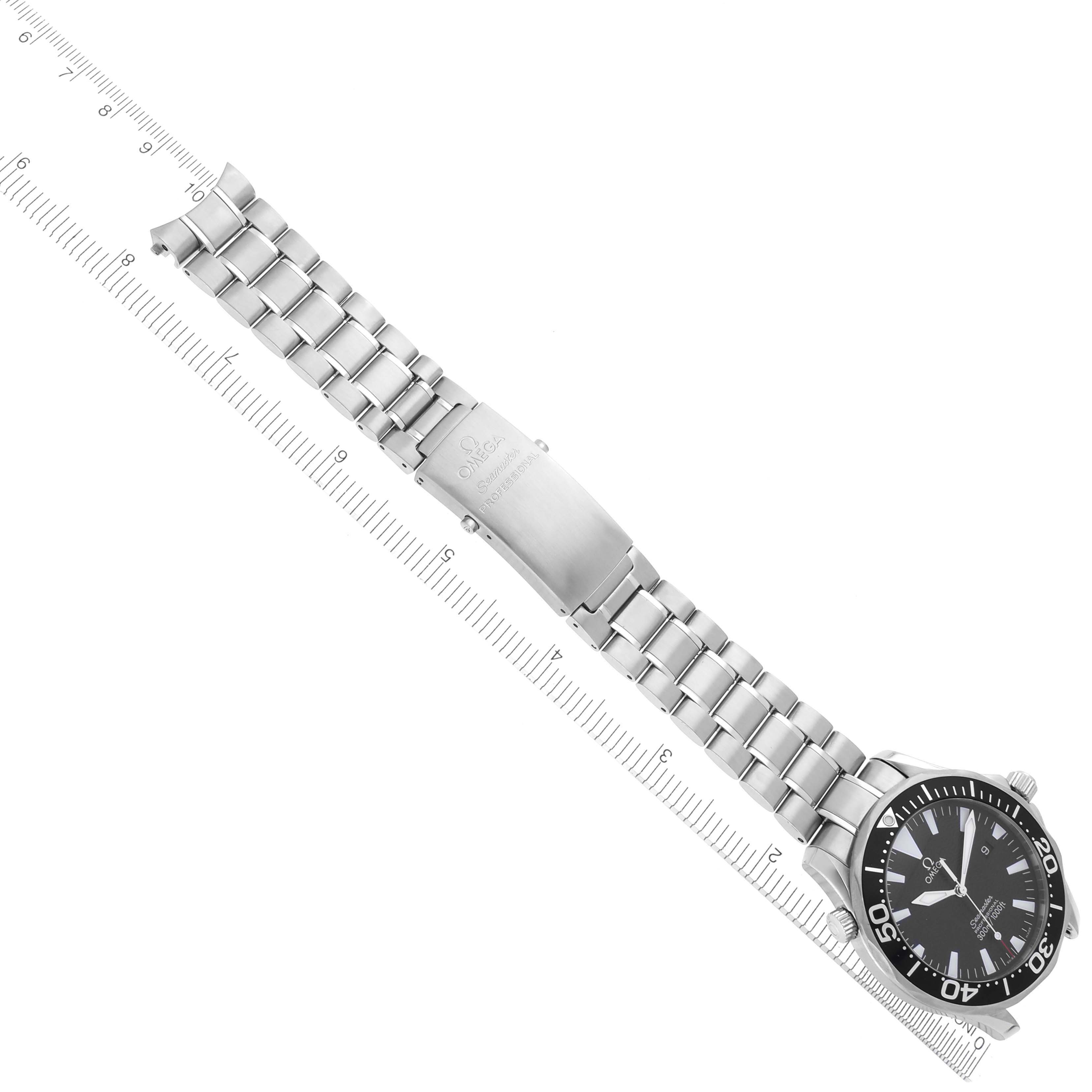 The Omega Seamaster 2264.50.00 Men
s Stainless Steel Black Dial 2264.50.00 Men
s Stainless Steel Black Dial watch is shown from a top view, displaying the face, bracelet, and clasp.