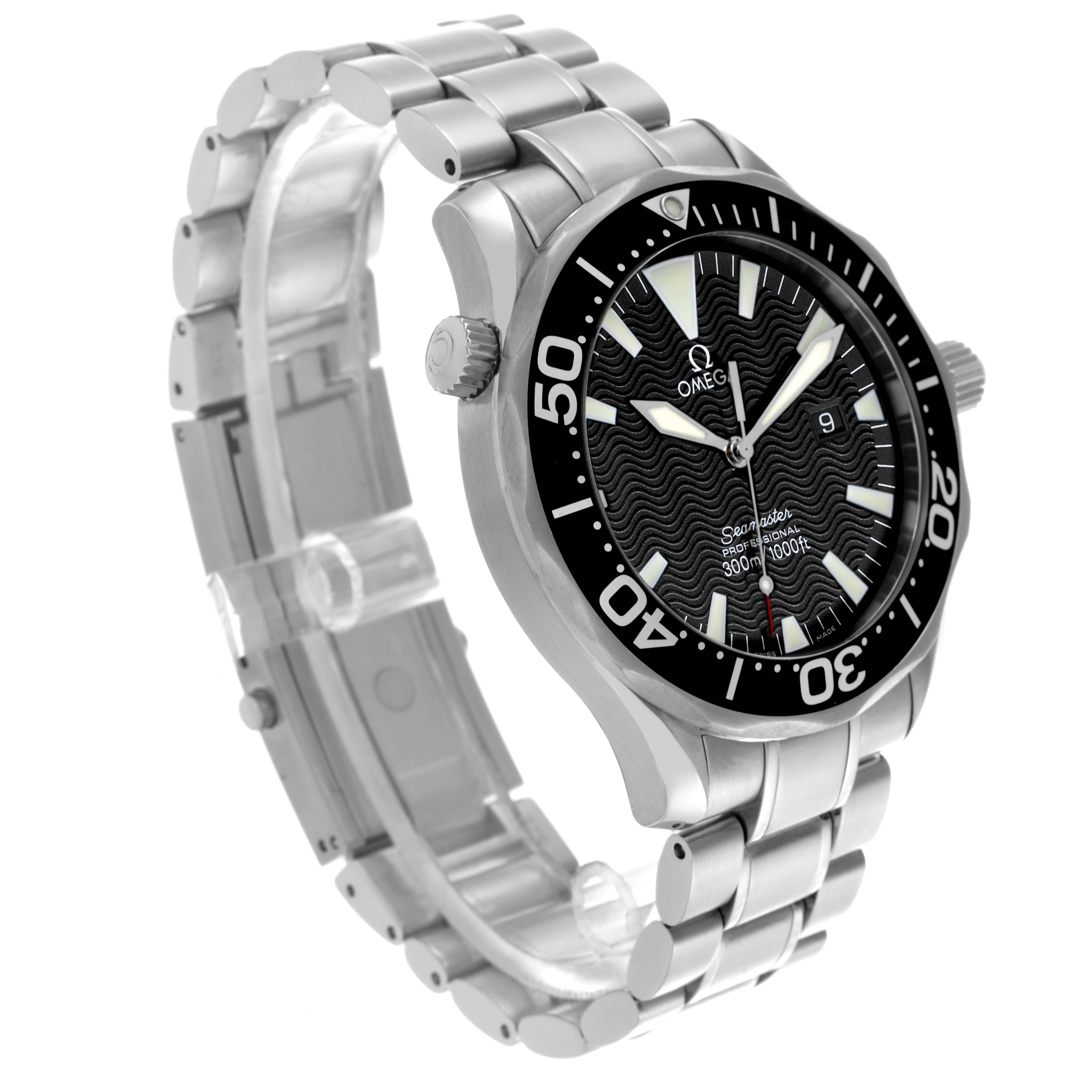 The image shows an Omega Seamaster 2264.50.00 Men
s Stainless Steel Black Dial 2264.50.00 Men
s Stainless Steel Black Dial watch at a three-quarter angle, highlighting the face, bezel, and metal bracelet.