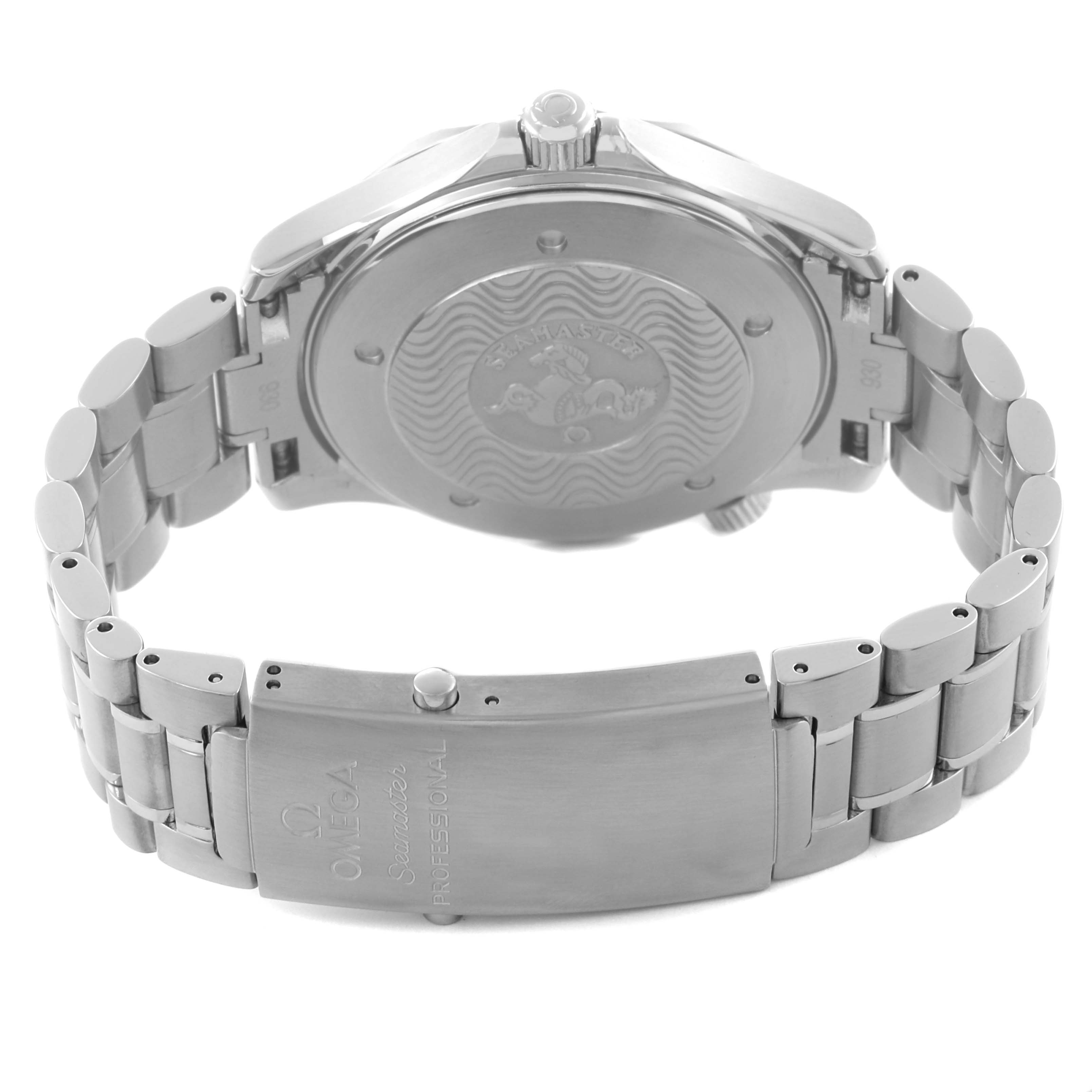 The Omega Seamaster 2264.50.00 Men
s Stainless Steel Black Dial 2264.50.00 Men
s Stainless Steel Black Dial is shown from the back, displaying the bracelet clasp and engraved case back.