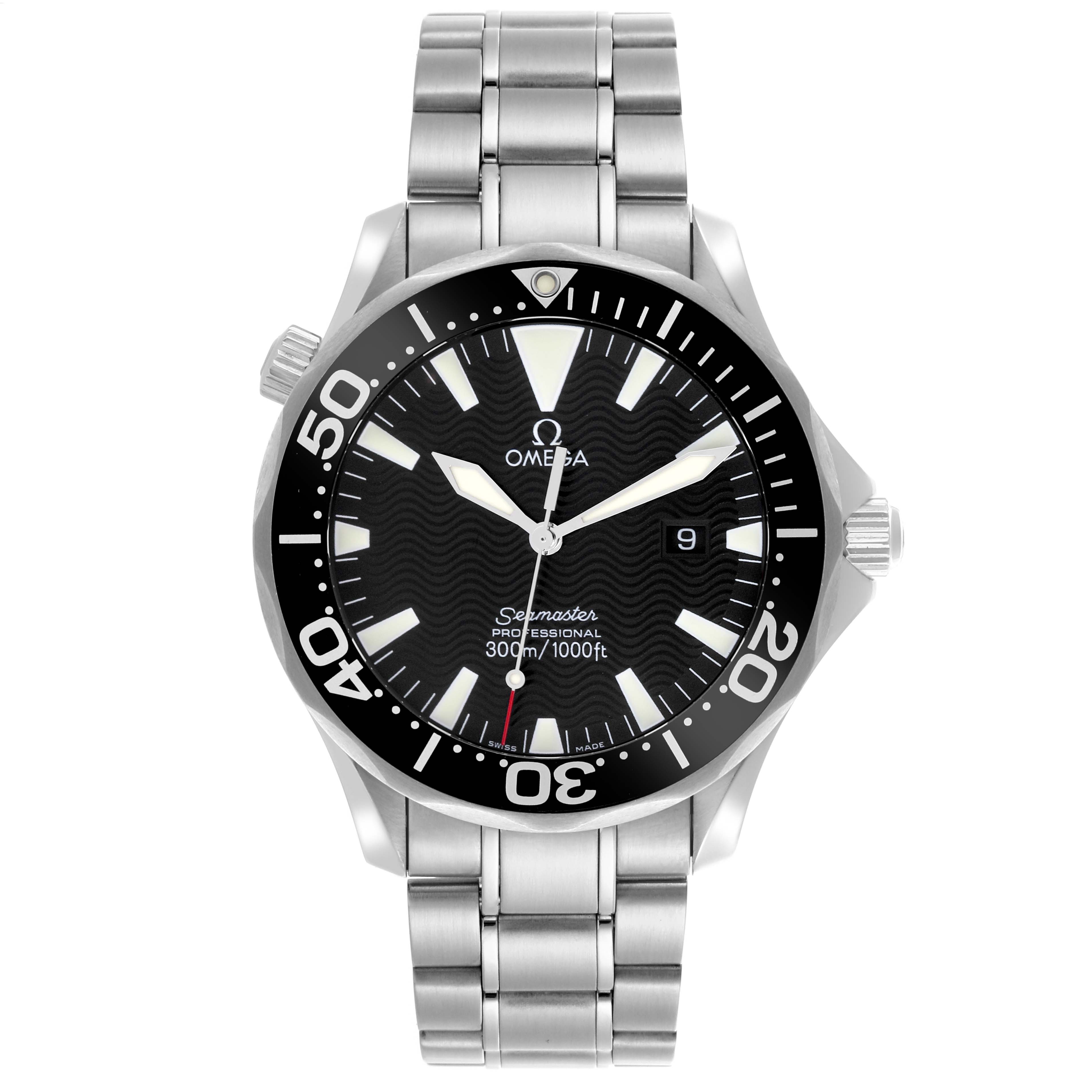 The Omega Seamaster 2264.50.00 Men
s Stainless Steel Black Dial 2264.50.00 Men
s Stainless Steel Black Dial watch is shown from a front angle, featuring the dial, bezel, crown, and stainless steel bracelet.