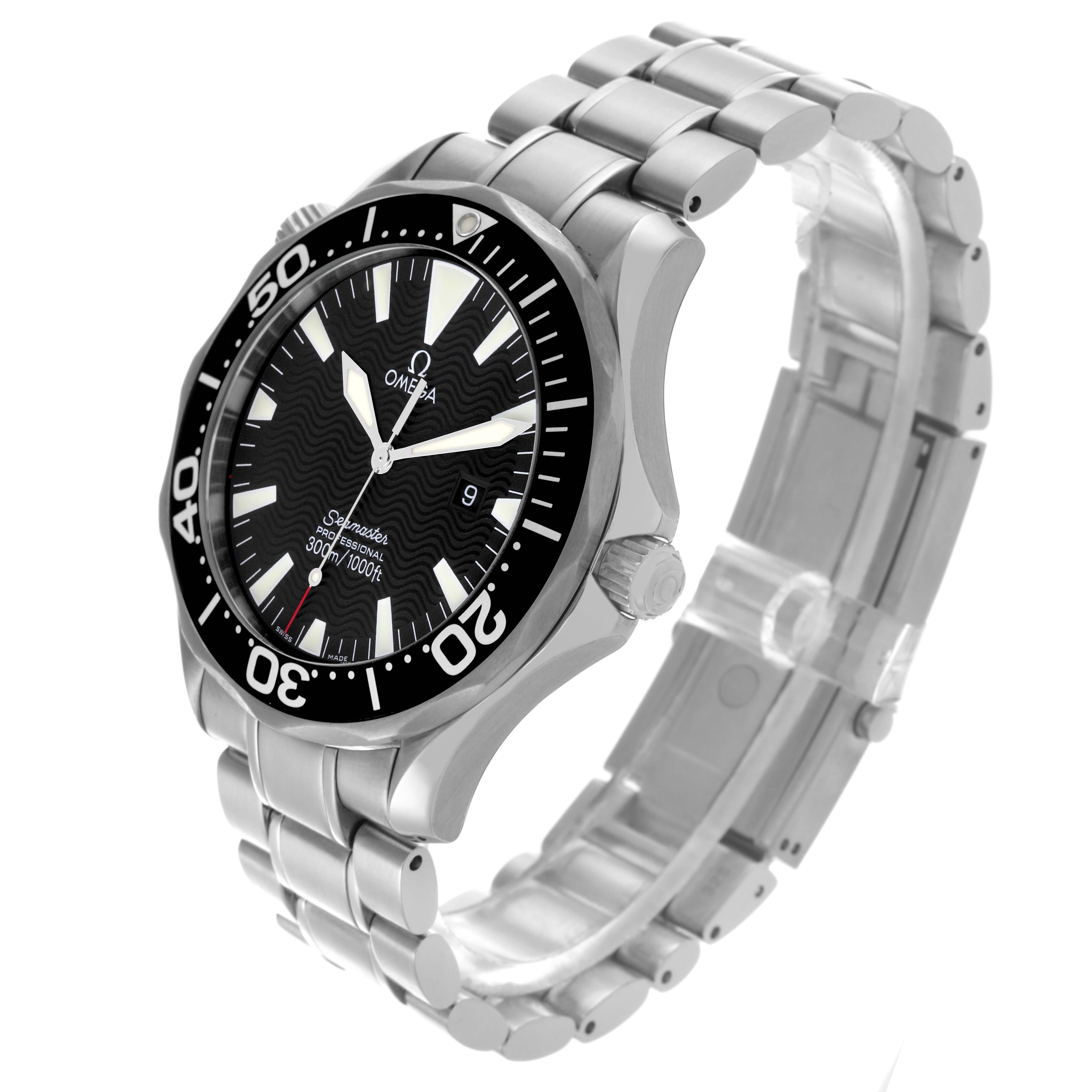 The Omega Seamaster 2264.50.00 Men
s Stainless Steel Black Dial 2264.50.00 Men
s Stainless Steel Black Dial watch is shown at a three-quarter angle, displaying the face, bezel, and stainless steel bracelet.