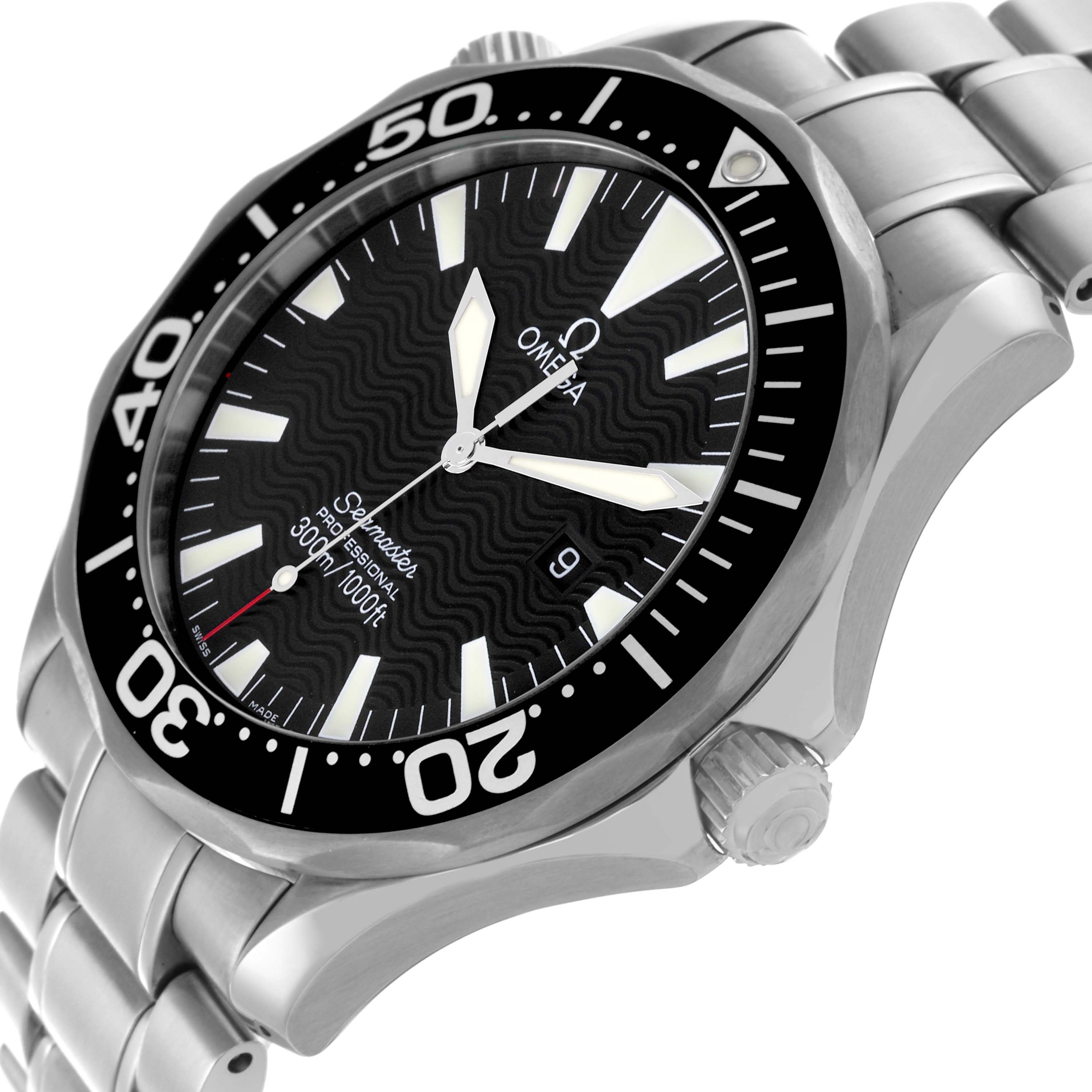 The Omega Seamaster 2264.50.00 Men
s Stainless Steel Black Dial 2264.50.00 Men
s Stainless Steel Black Dial watch is viewed at an angle showing the bezel, dial, crown, and part of the bracelet.