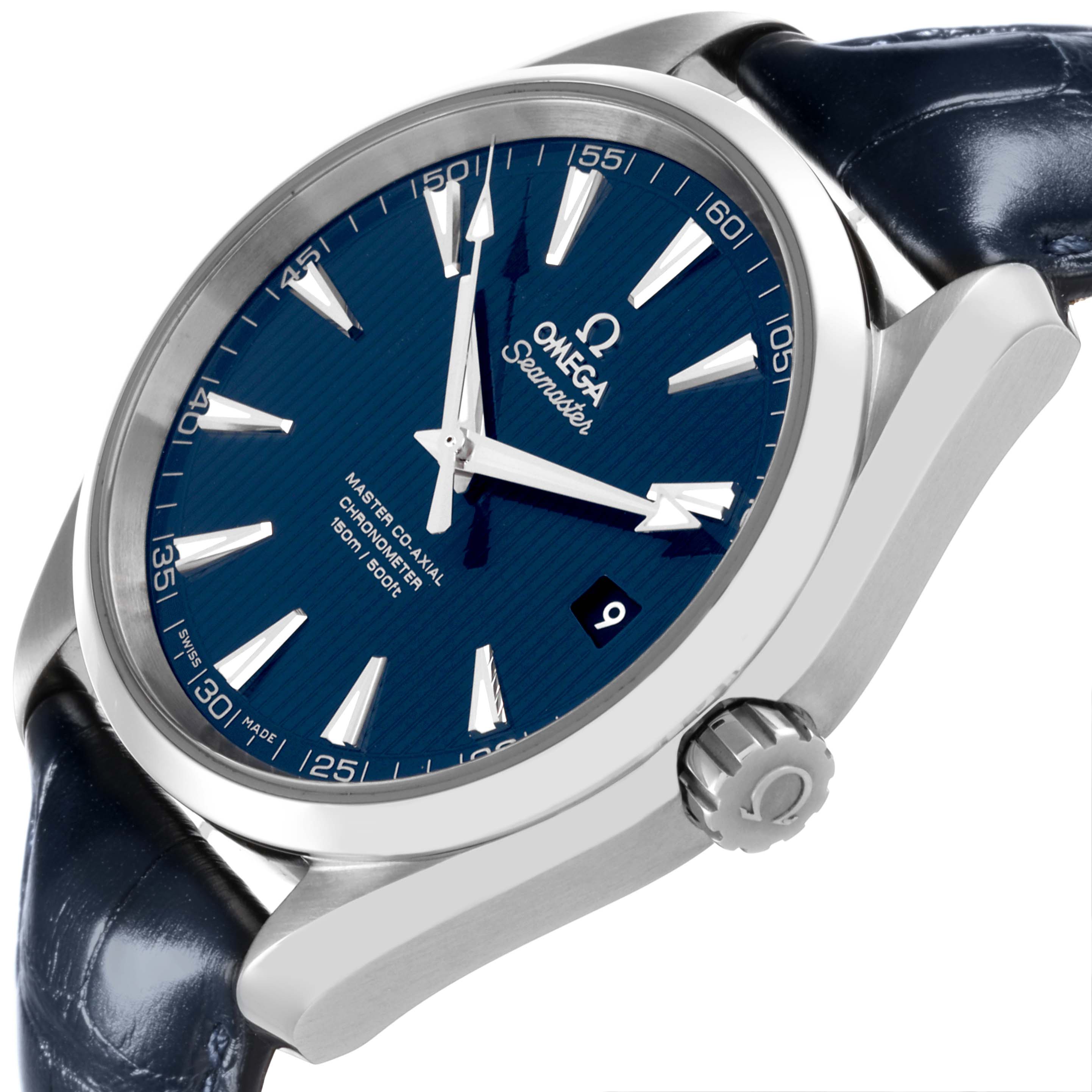 The Omega Aqua Terra 231.13.42.21.03.001 Men's Stainless Steel Blue Dial 231.13.42.21.03.001 Men's Stainless Steel Blue Dial watch is shown at an angle highlighting the dial, crown, and part of the strap.
