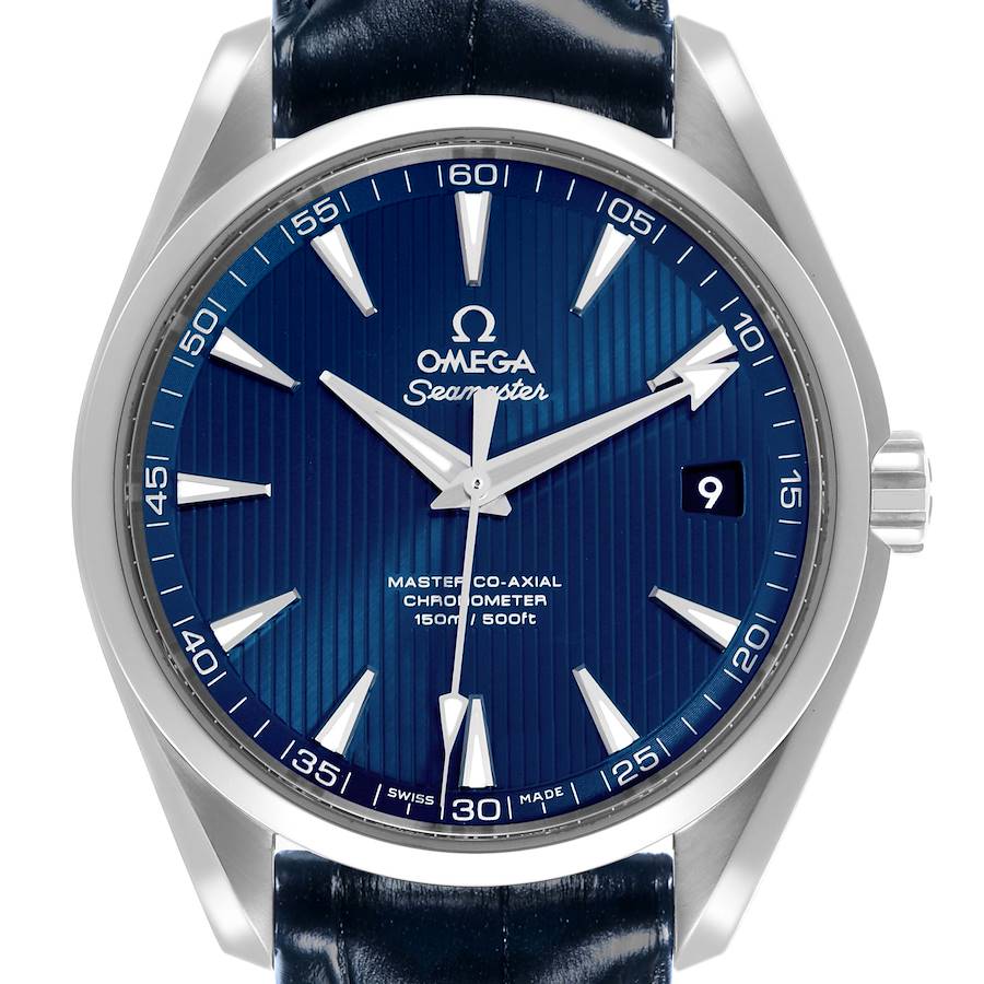 The Omega Aqua Terra watch is shown from a front angle, displaying its blue dial, silver indices, and date window.