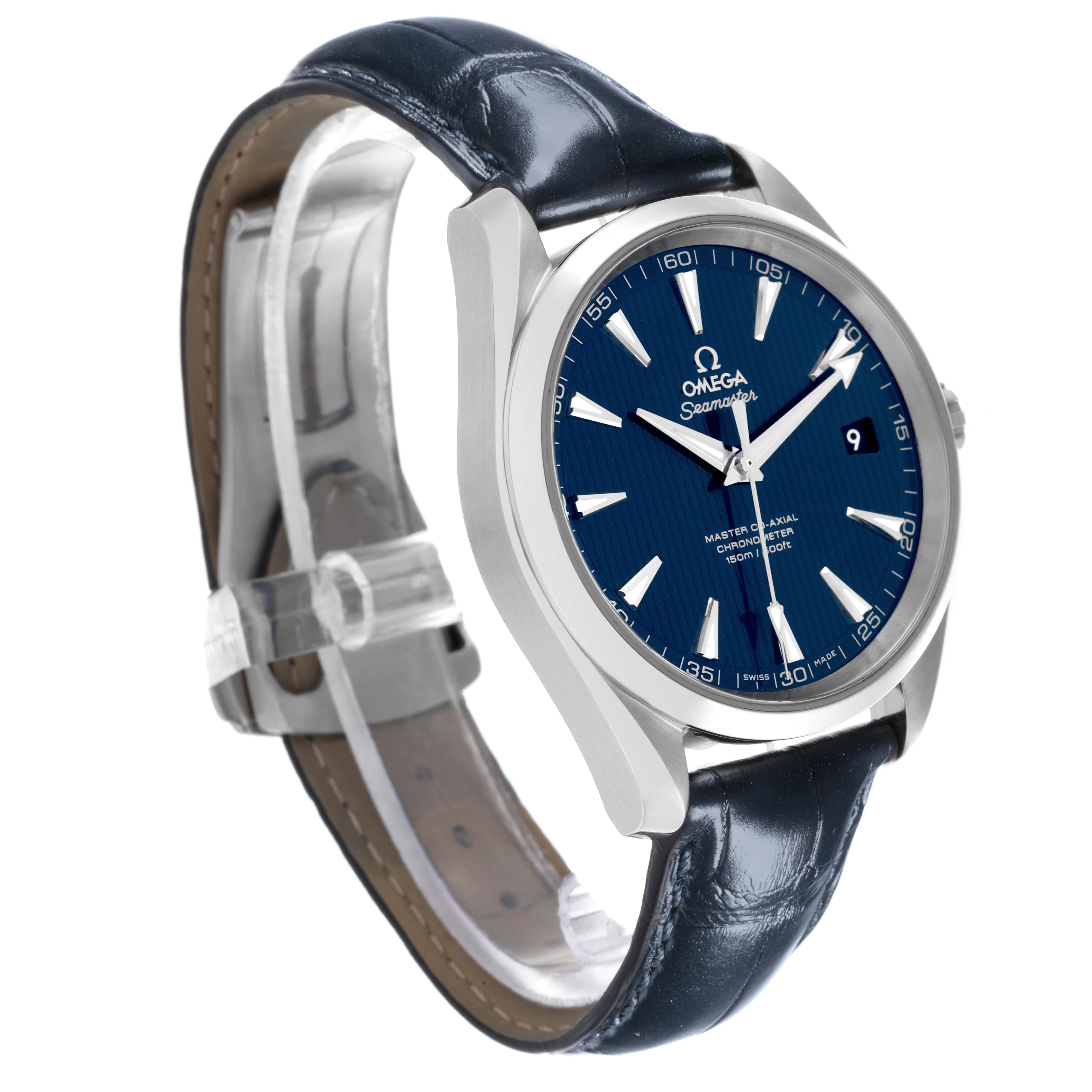 The Omega Aqua Terra 231.13.42.21.03.001 Men's Stainless Steel Blue Dial 231.13.42.21.03.001 Men's Stainless Steel Blue Dial watch is shown at a three-quarter angle, displaying its face, bezel, and leather strap.